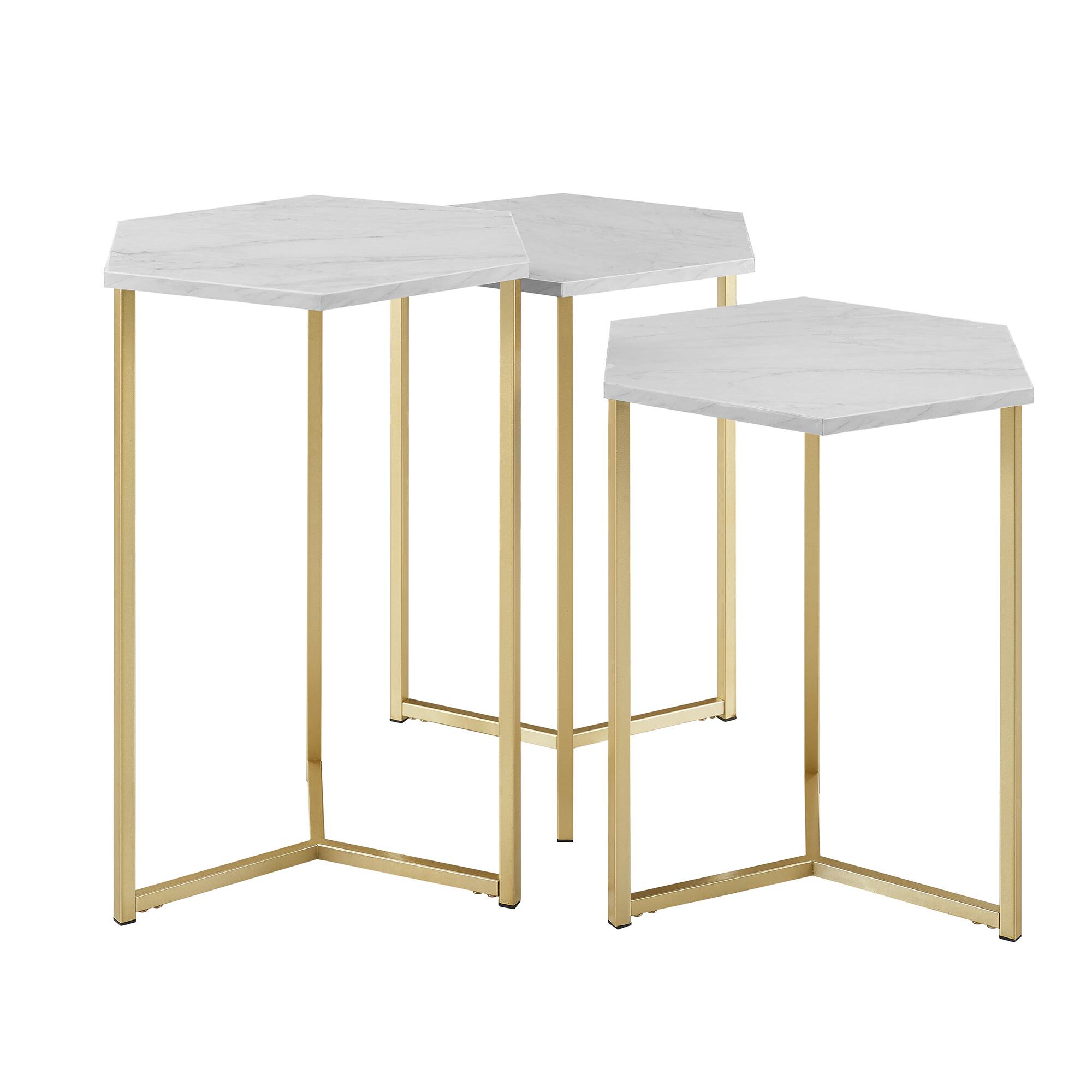 Walker Edison Faux White Marble/Gold Hexagon Modern Nesting Tables Set