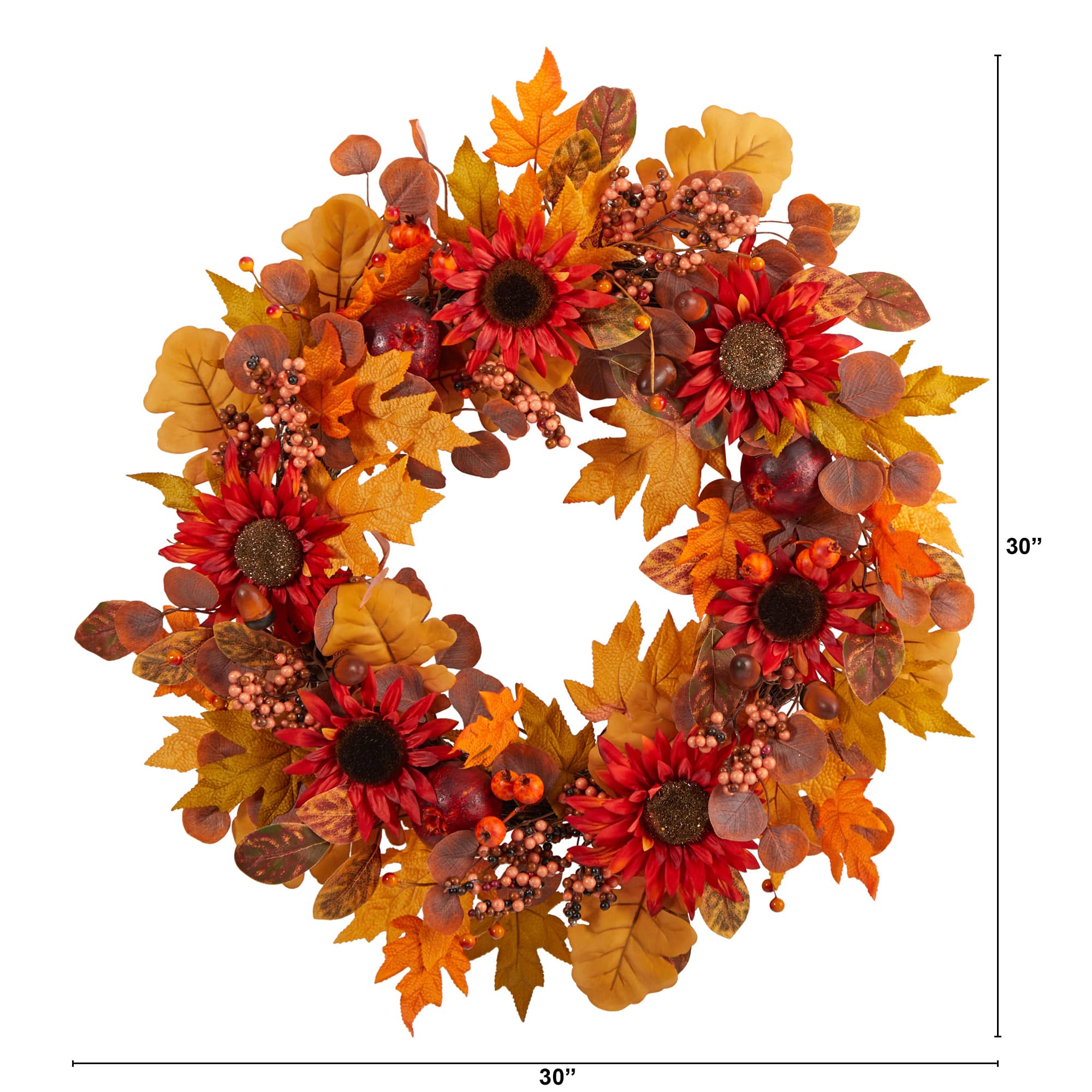 30" Fall Acorn, Sunflower, Berries & Autumn Foliage Wreath