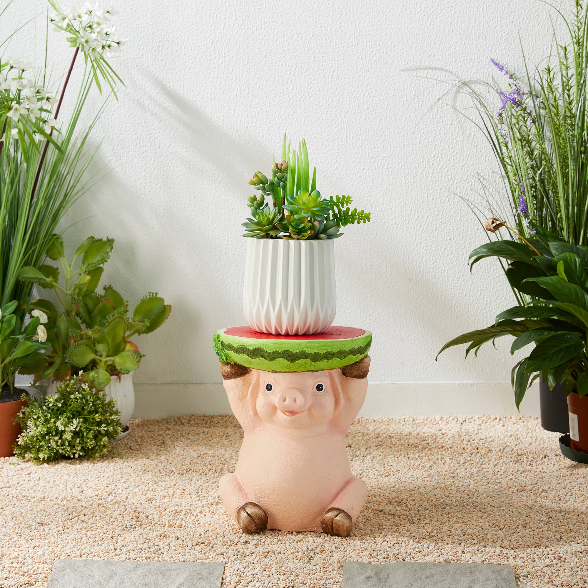 Glitzhome® 12.5" Pig Holding a Watermelon Decorative Garden Stool