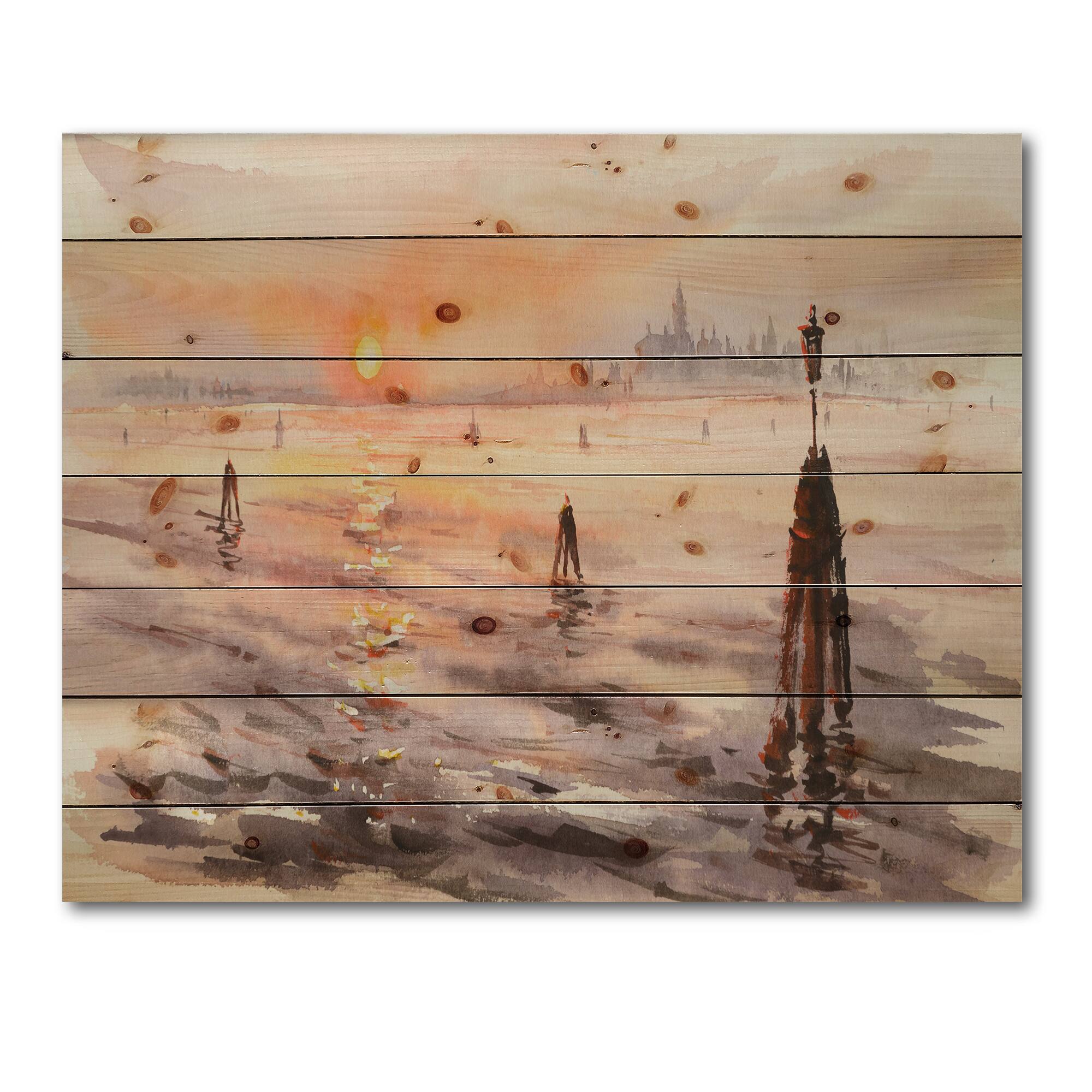 Designart - Panorama of Venice Laguna At Sunset - Nautical & Coastal Print on Natural Pine Wood
