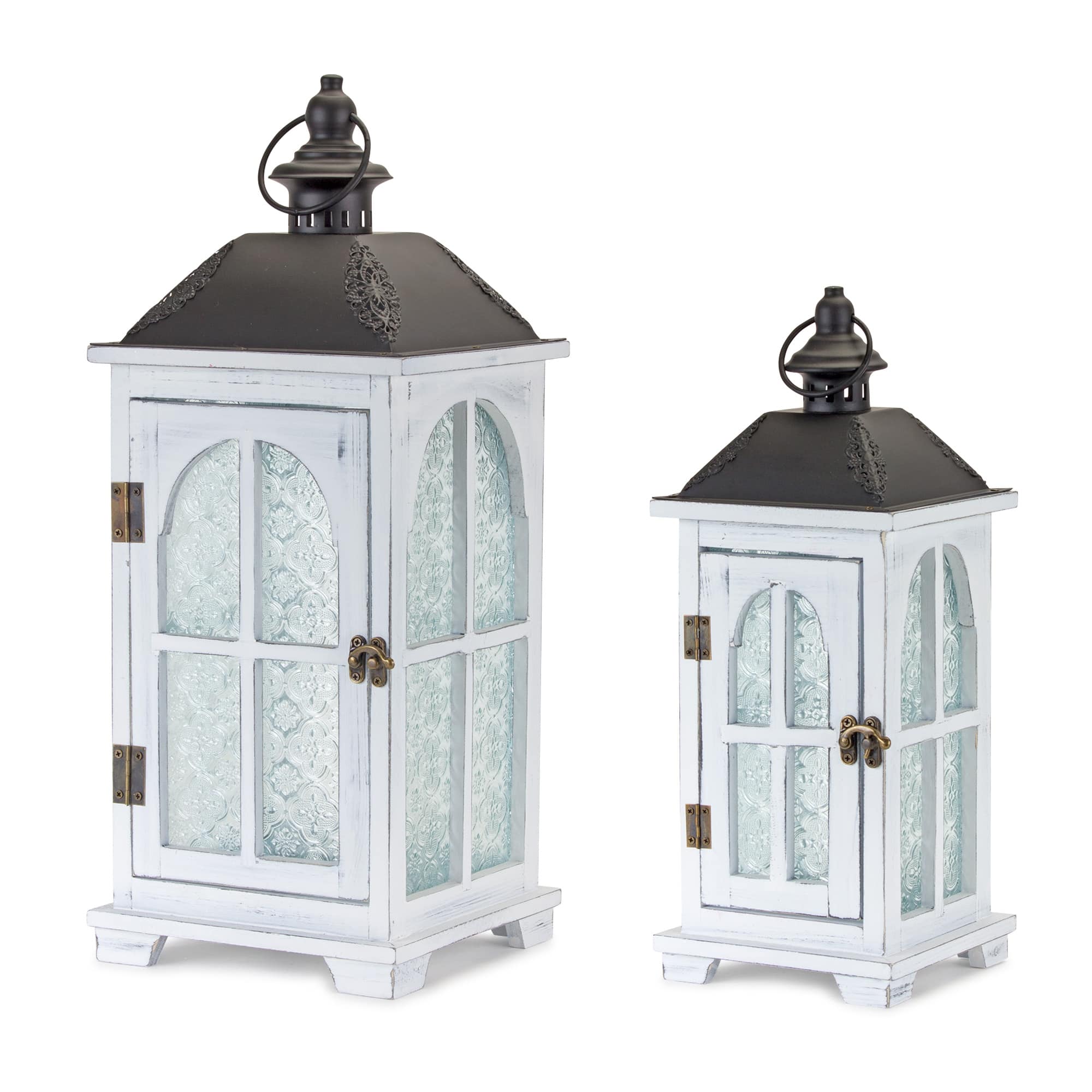 White Wood & Metal Lantern Set, 14.5" & 19.25"