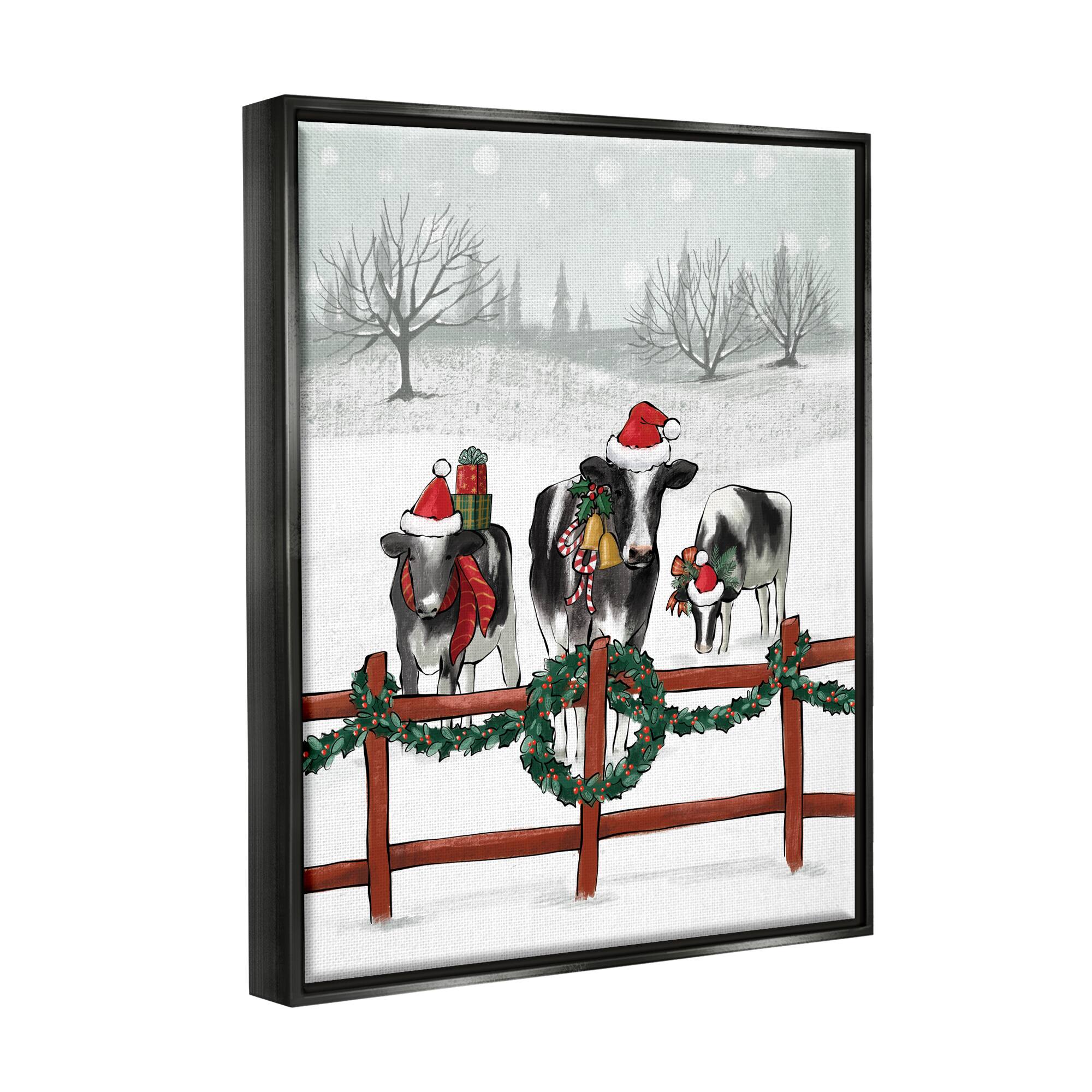 Stupell Industries Holiday Cows Farmland Fence Framed Floater Canvas Wall Art