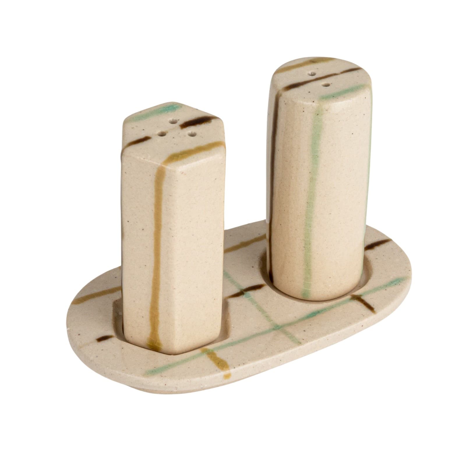 Hello Honey® Multicolor Artisanal Harmony Salt & Pepper Shaker Set on a Tray