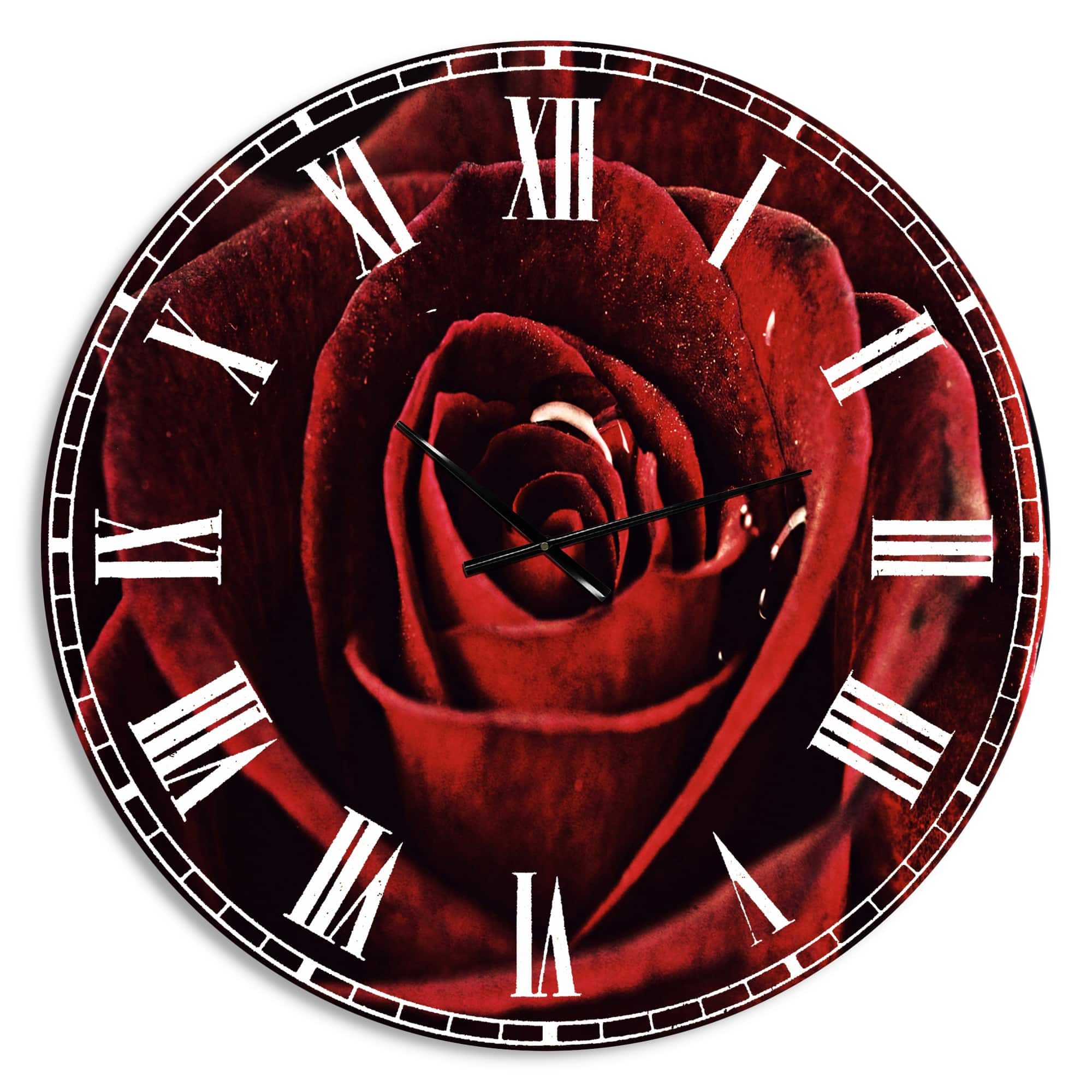 Designart &#x27;Red Rose With Raindrops On Black Traditional Wall Clock