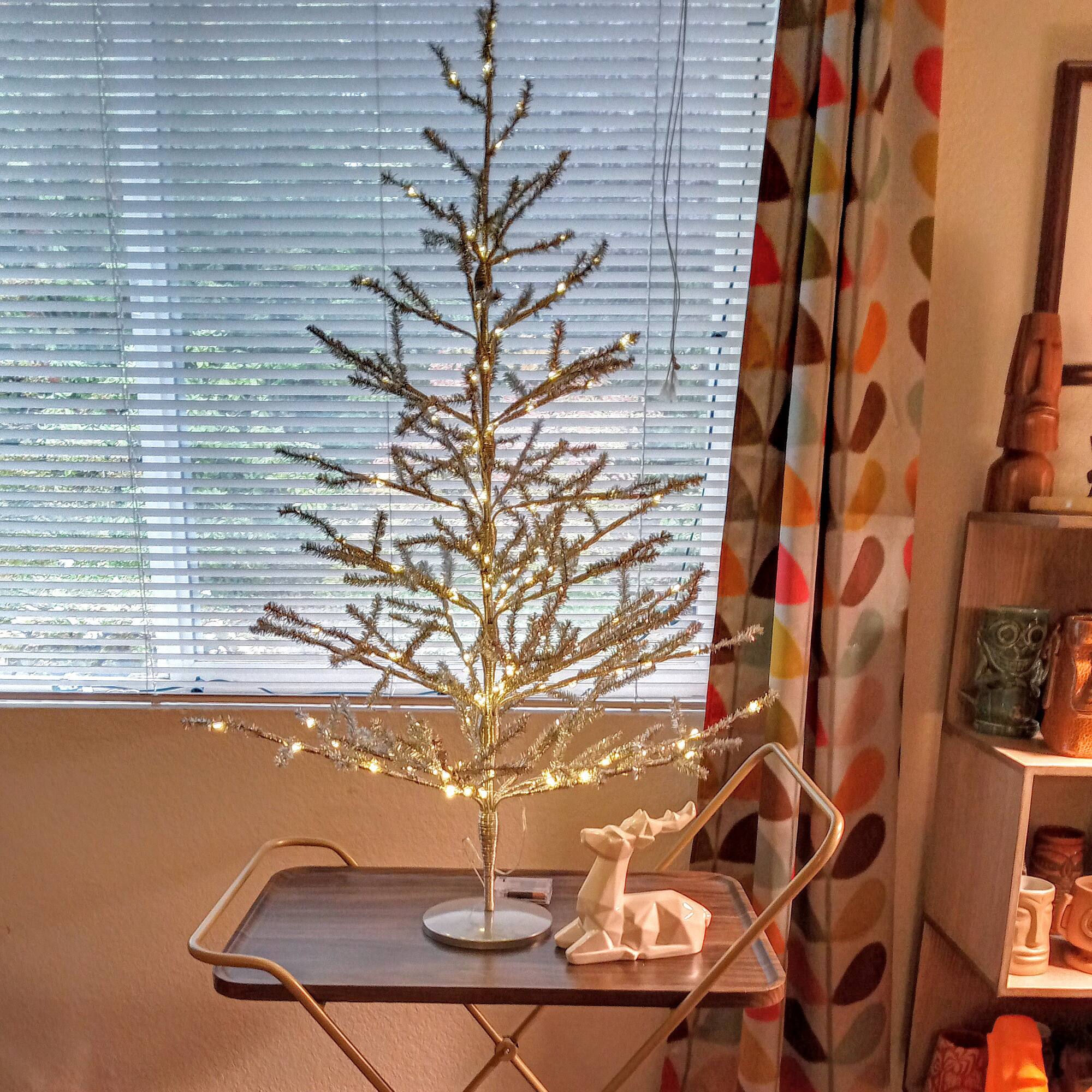 3ft. Pre-Lit Silver Tinsel Twig Artificial Christmas Tree, Warm White LED Lights
