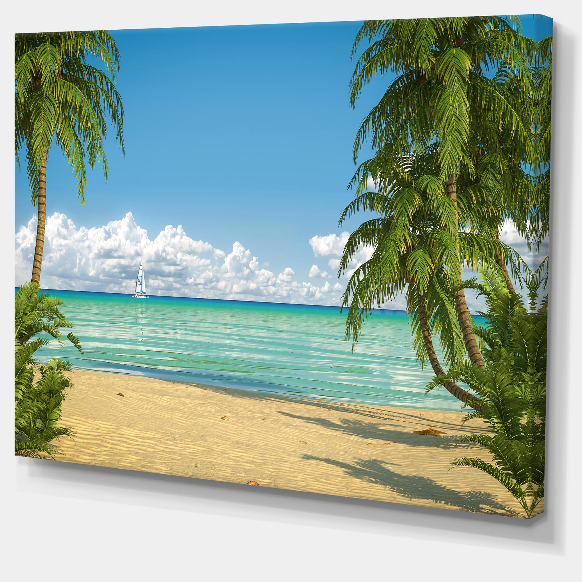 Designart - Palms at Caribbean Beach - Seashore Photo Canvas Art Print