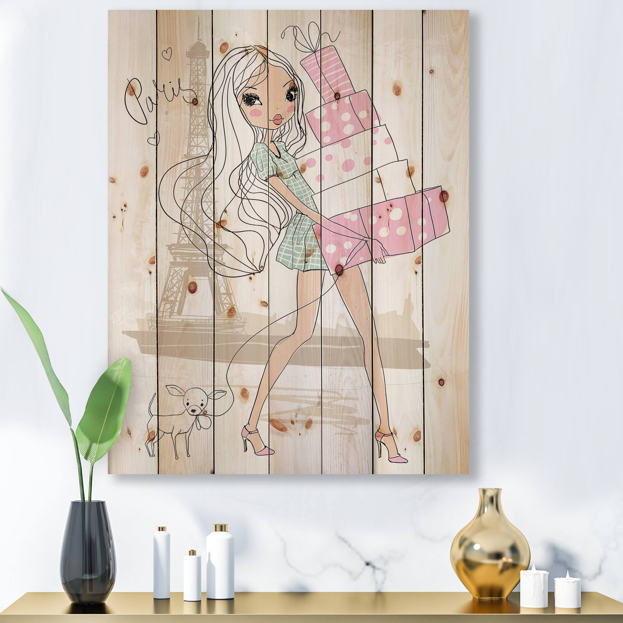 Designart - Young Girl With Shopping Boxes In Paris - Shabby Chic Print on Natural Pine Wood