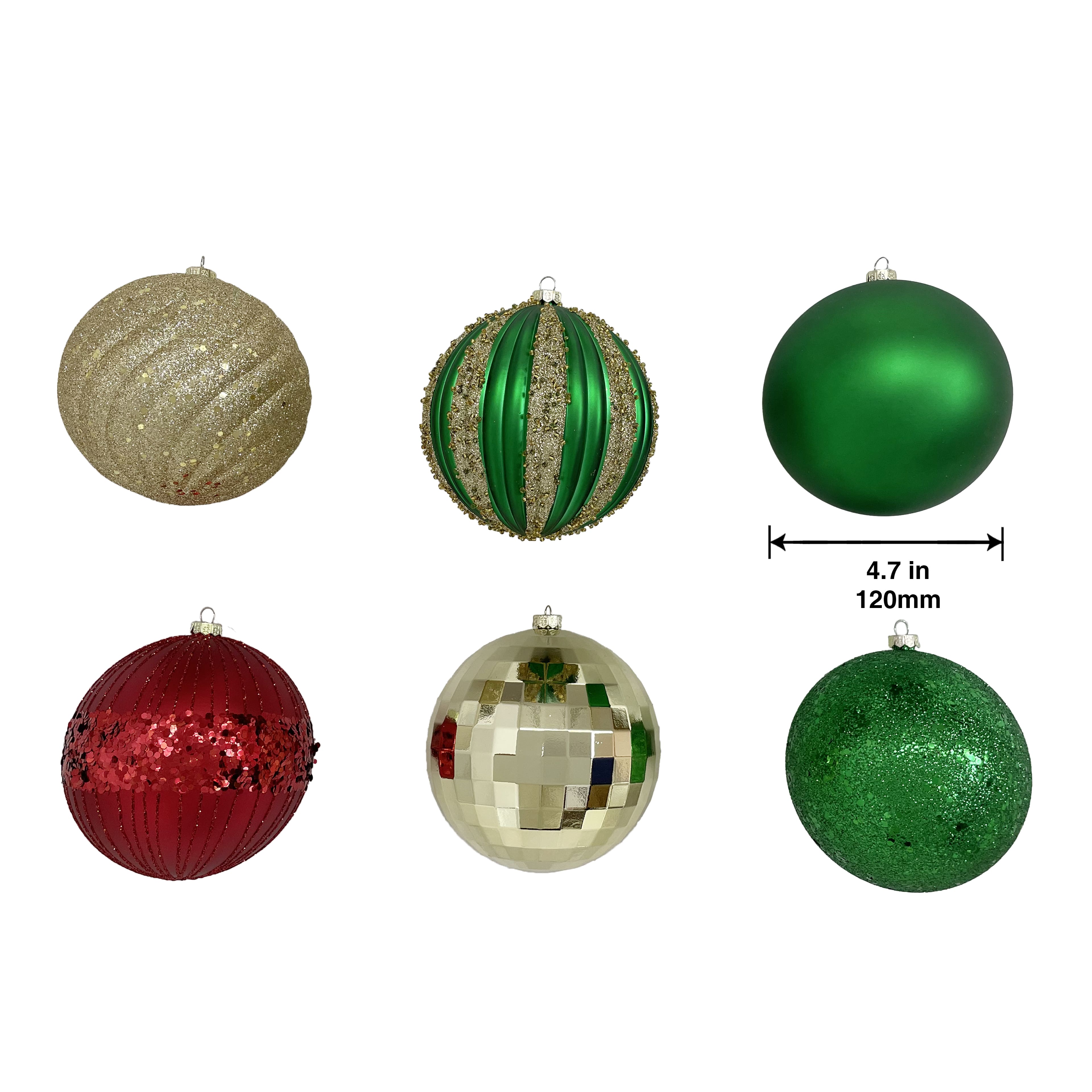 6 Pack 4.75&#x22; Gold, Red &#x26; Green Shatterproof Ball Ornaments by Ashland&#xAE;