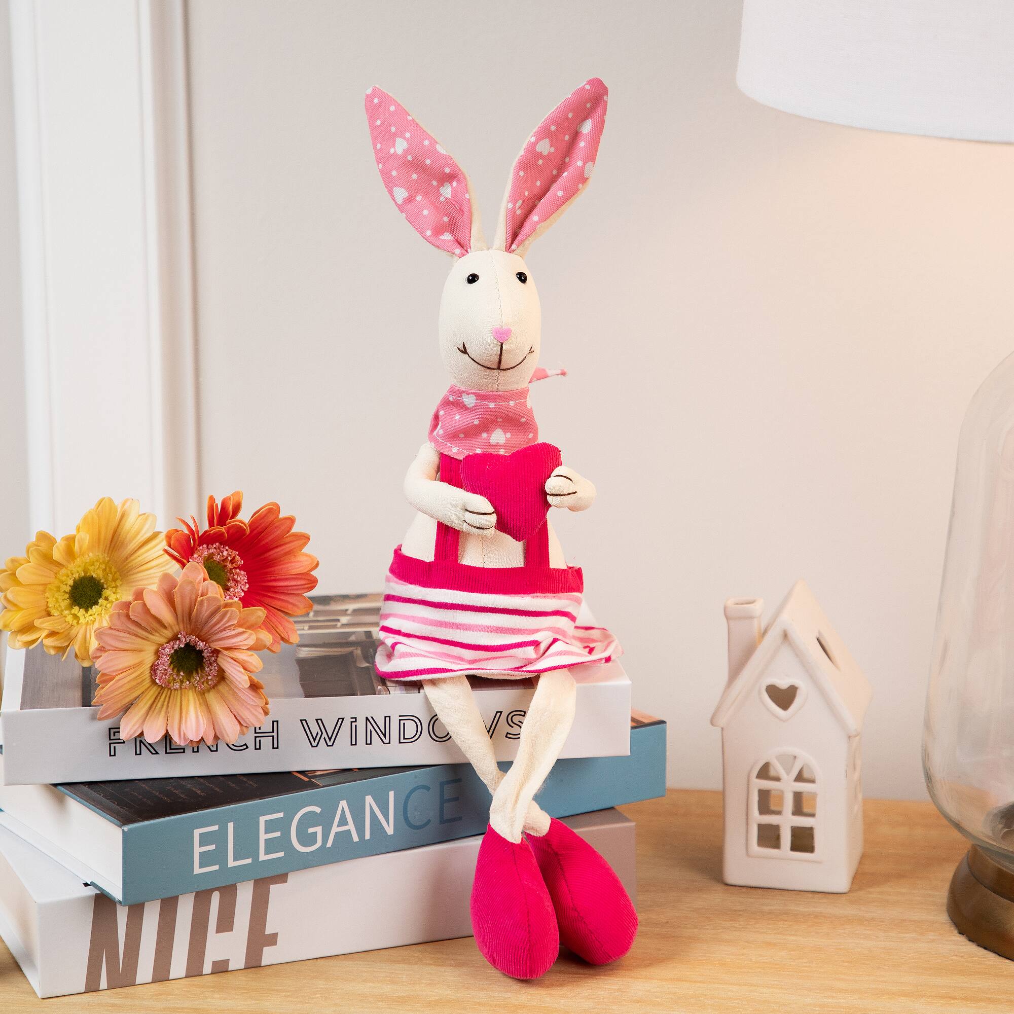 16.5" Pink & Cream Sitting Girl Easter Rabbit Figure with Dangling Legs