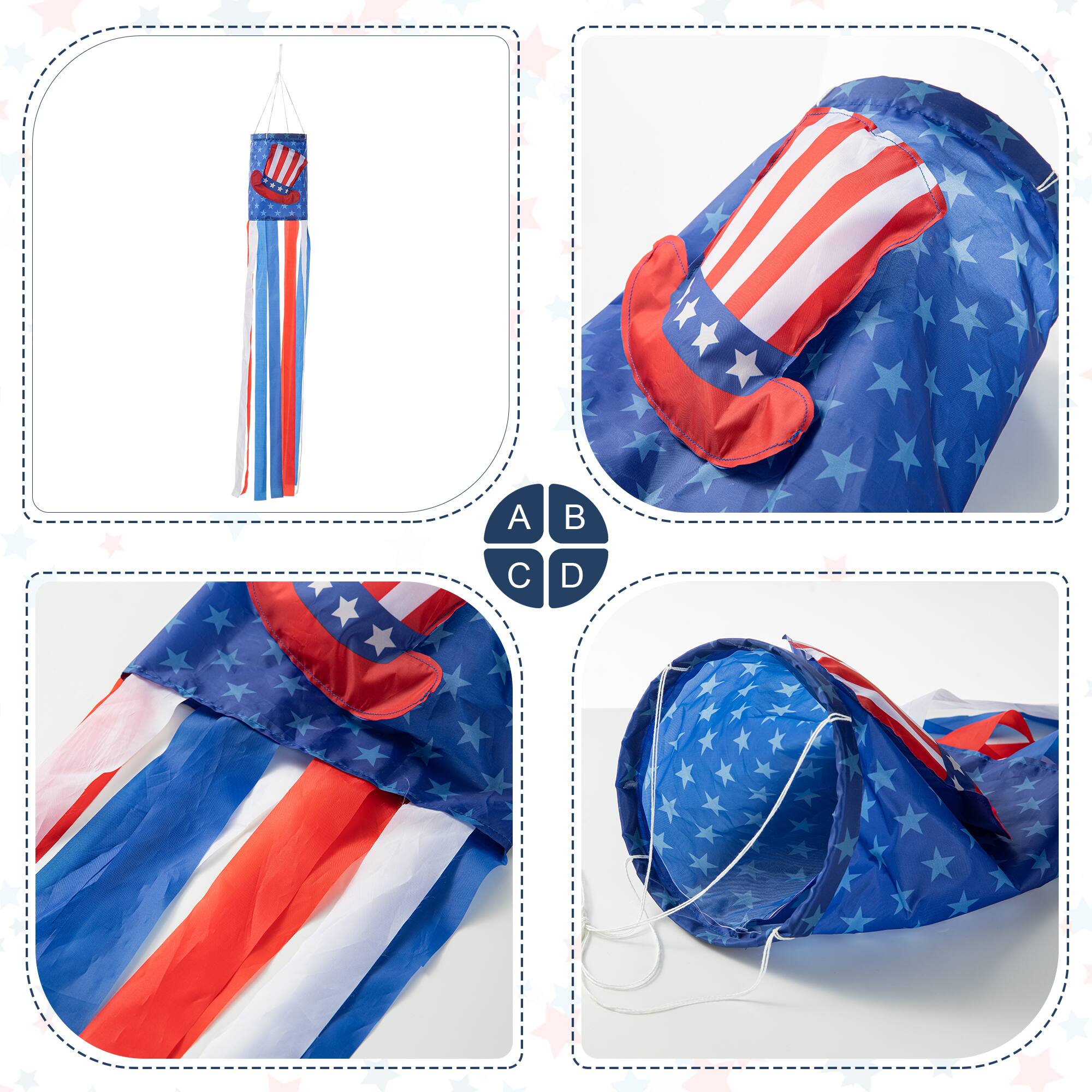 Glitzhome® 44" Patriotic Americana Uncle Sam Hat & Fireworks Windsocks Set