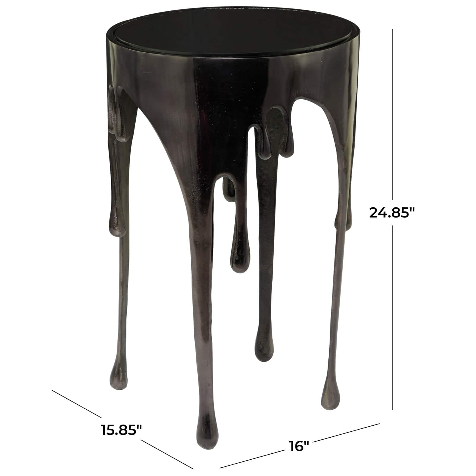 Black Aluminum Drip Accent Table with Melting Designed Legs and Shaded Glass Top 16" x 16" x 25"