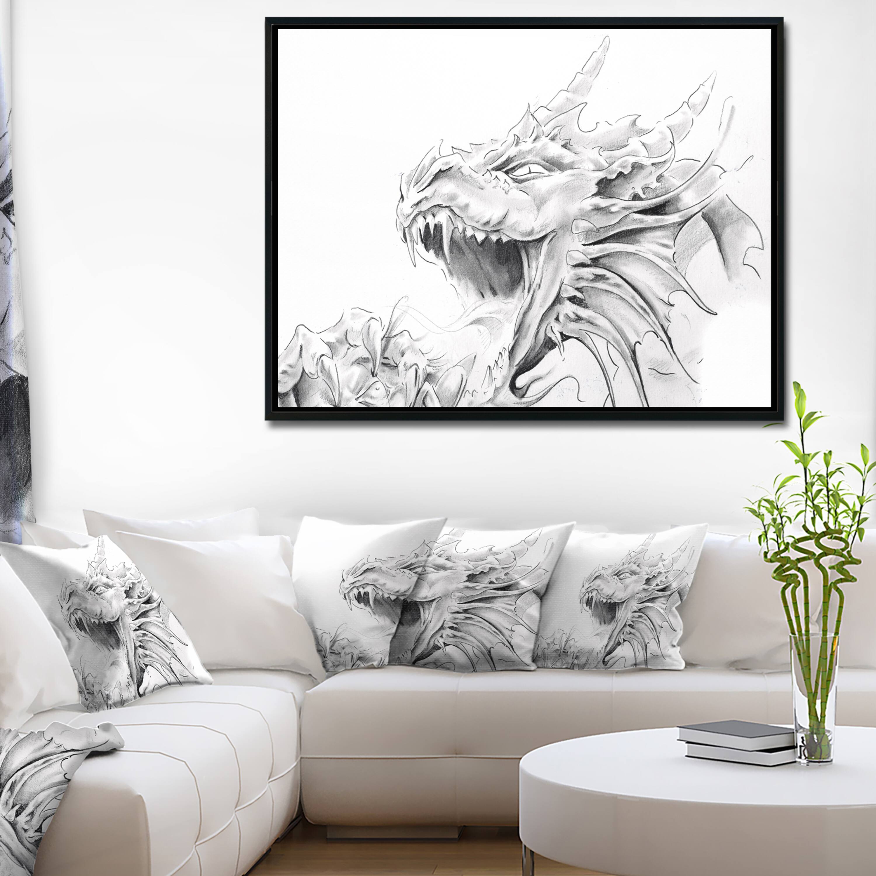 Designart - Dragon Tattoo Sketch - Abstract Print On Canvas in Black Frame