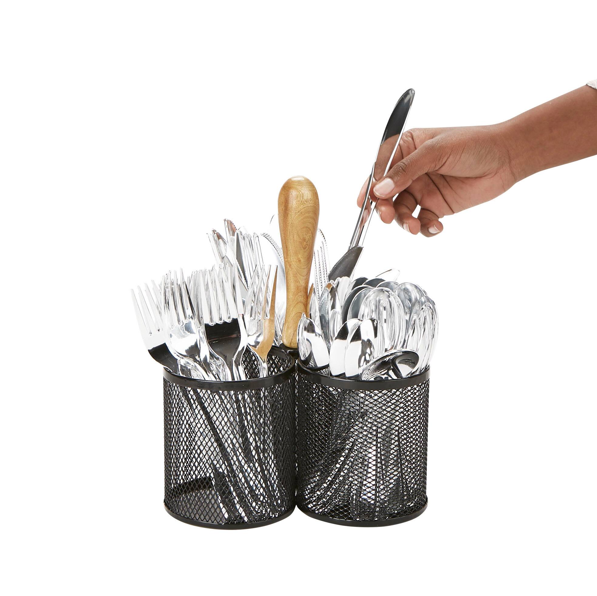 Mind Reader Network Collection Black 3-Compartment Utensil Caddy with Wooden Handle