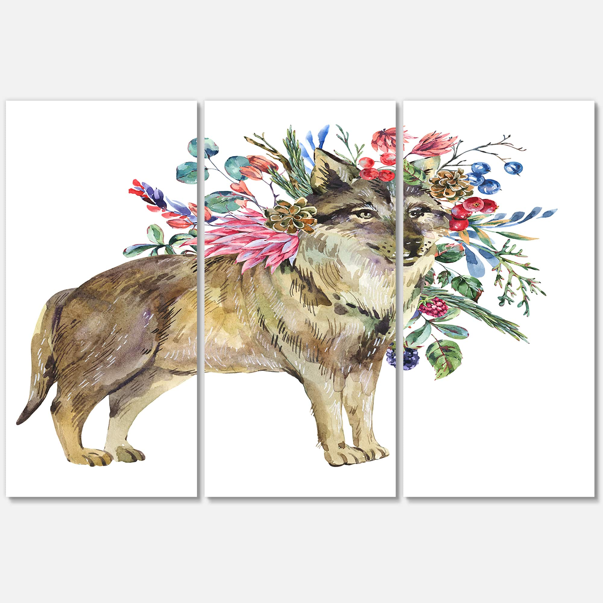 Designart - Wolf With Woodland Flowers - Farmhouse Canvas Wall Art Print