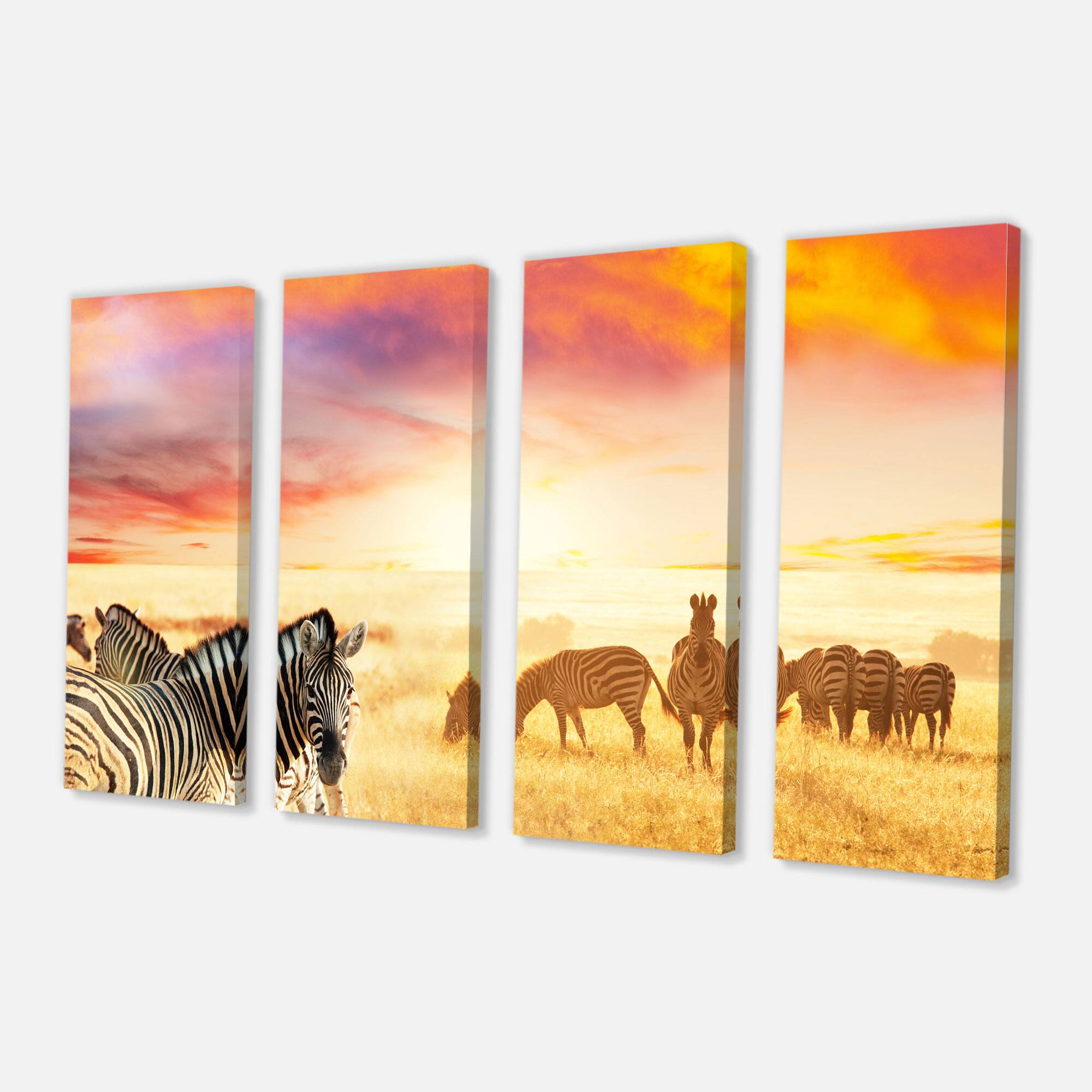 Designart - Cute Zebras Grazing in Grassland - Animal Canvas Art Print