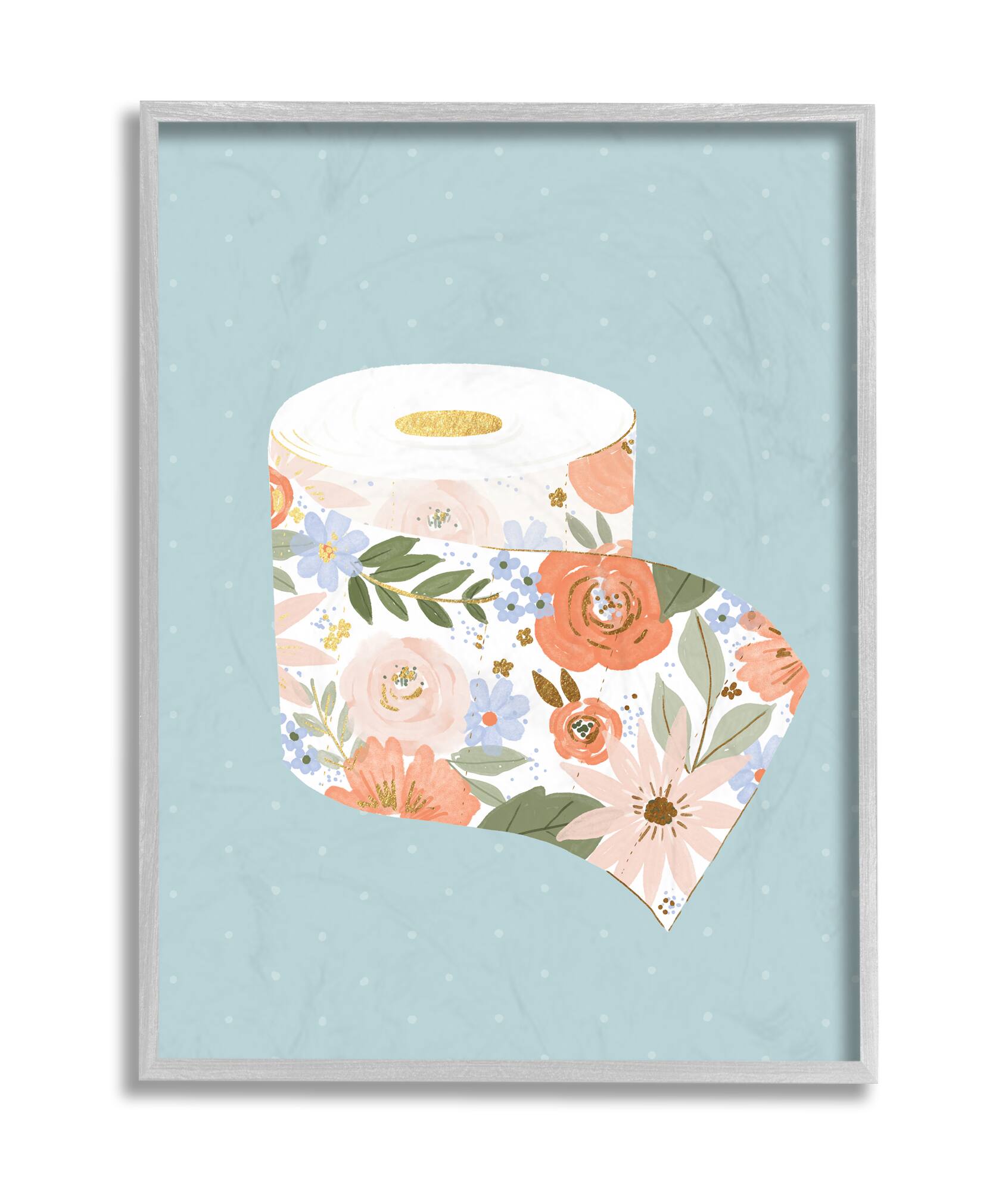 Stupell Industries Spring Floral Print Toilet Paper over Blue in Gray Frame Wall Art