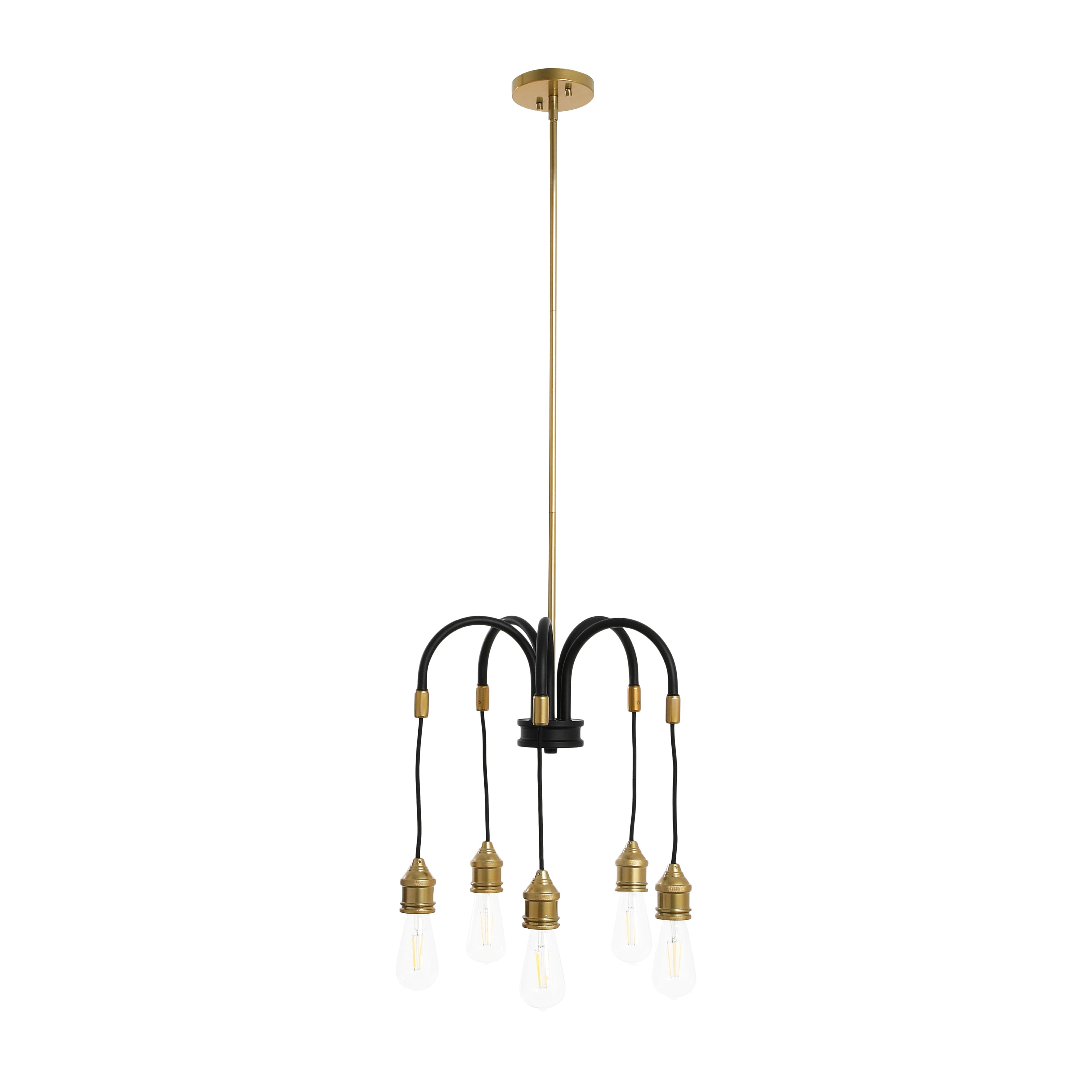 Hello Honey® Robert Stevenson Lighting Harper 19" Black and Brass 5-Light Exposed Bulb 2-Tone Metal Chandelier