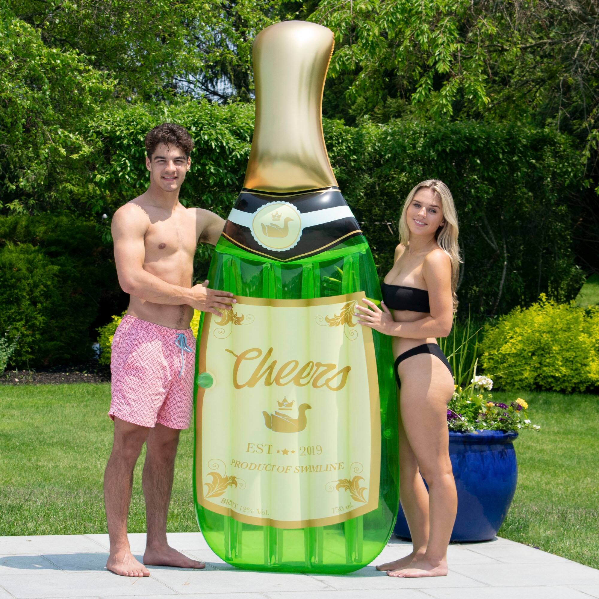 94&#x22; Green &#x26; Gold Champagne Bottle Swimming Pool Float