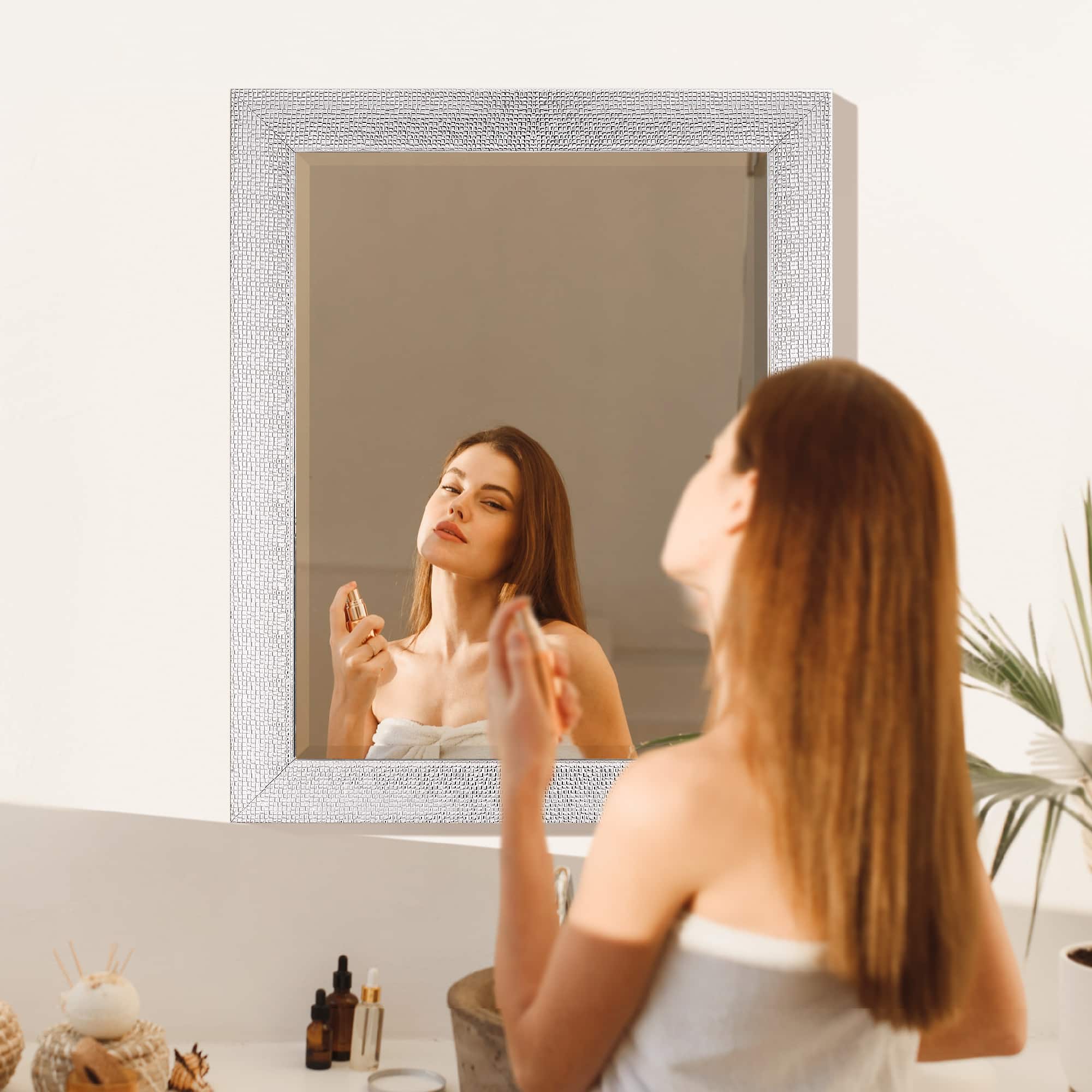 Head West Micro Square Tiled White & Chrome Beveled 27.5" x 33.5" Framed Accent Vanity Mirror