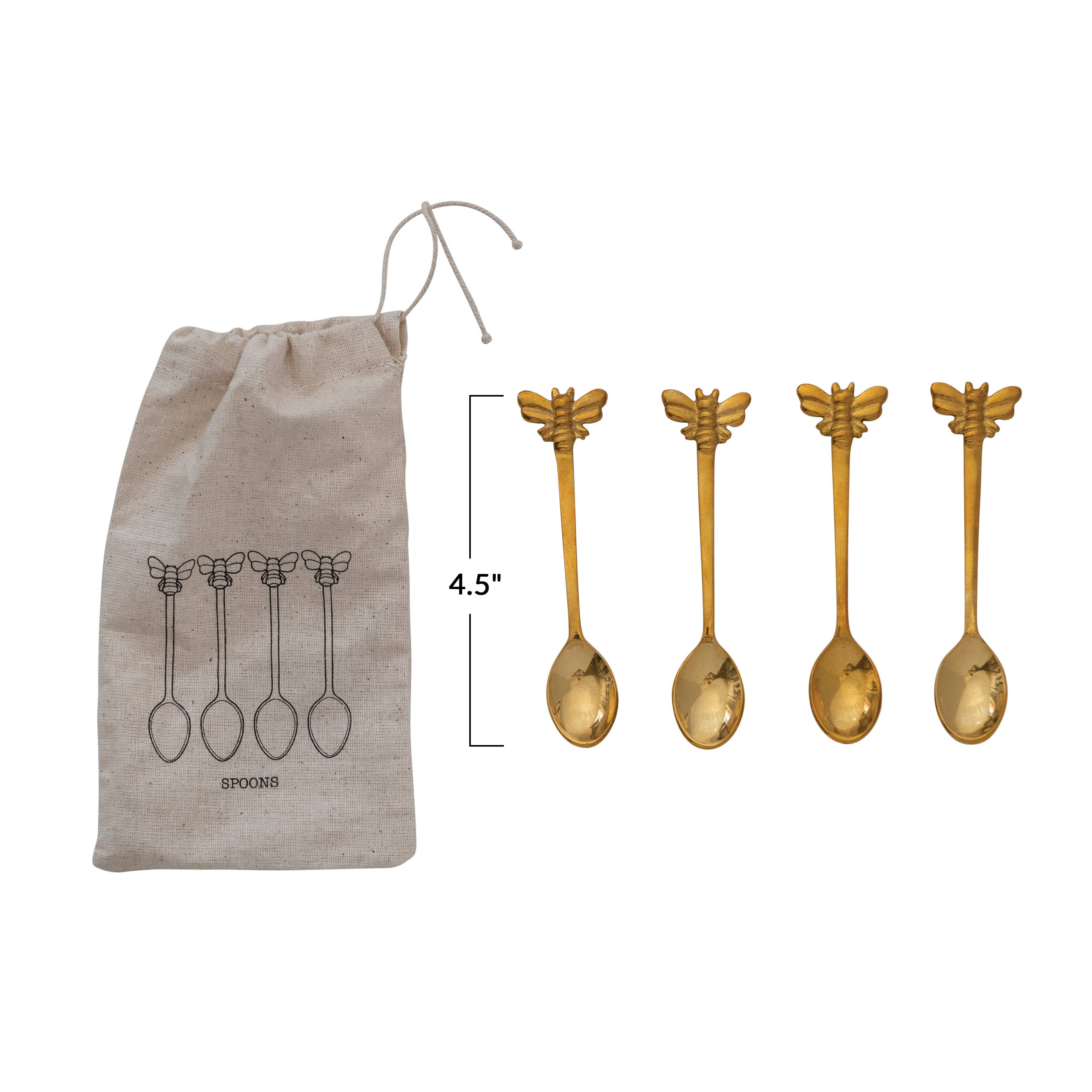 Hello Honey&#xAE; Farmhouse Brass Spoons with Bee Handles Set in Drawstring Bag