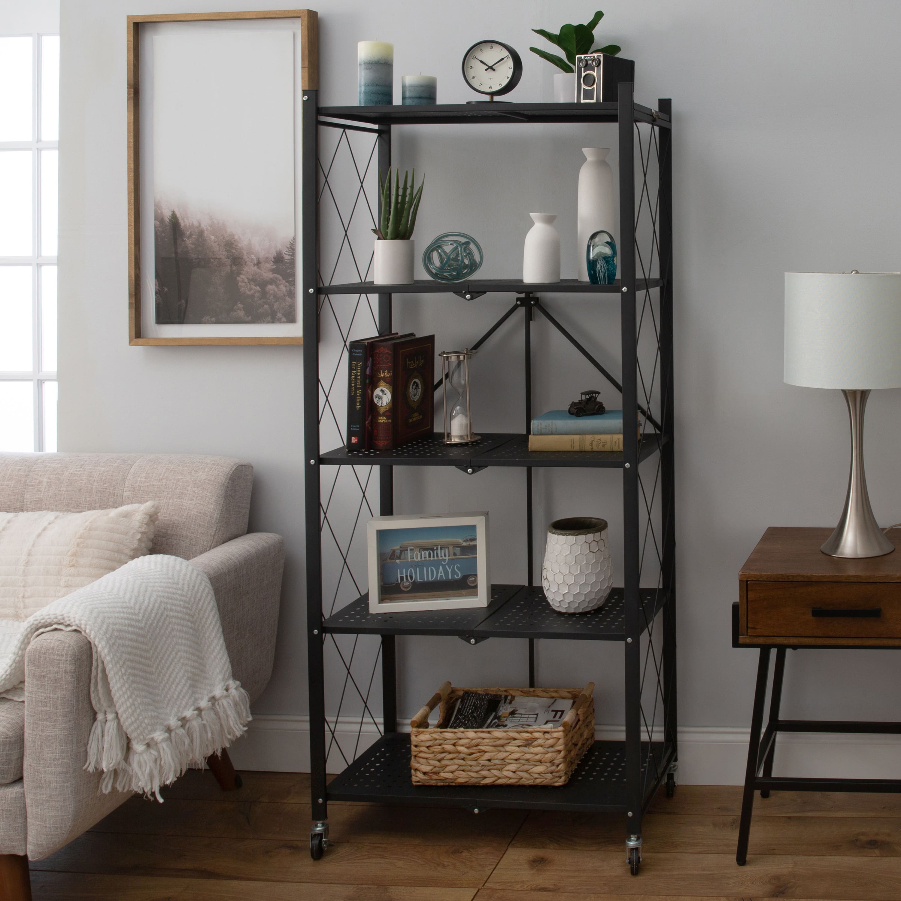 Organize It All Black 5-Tier Foldable Metal Rack with Wheels