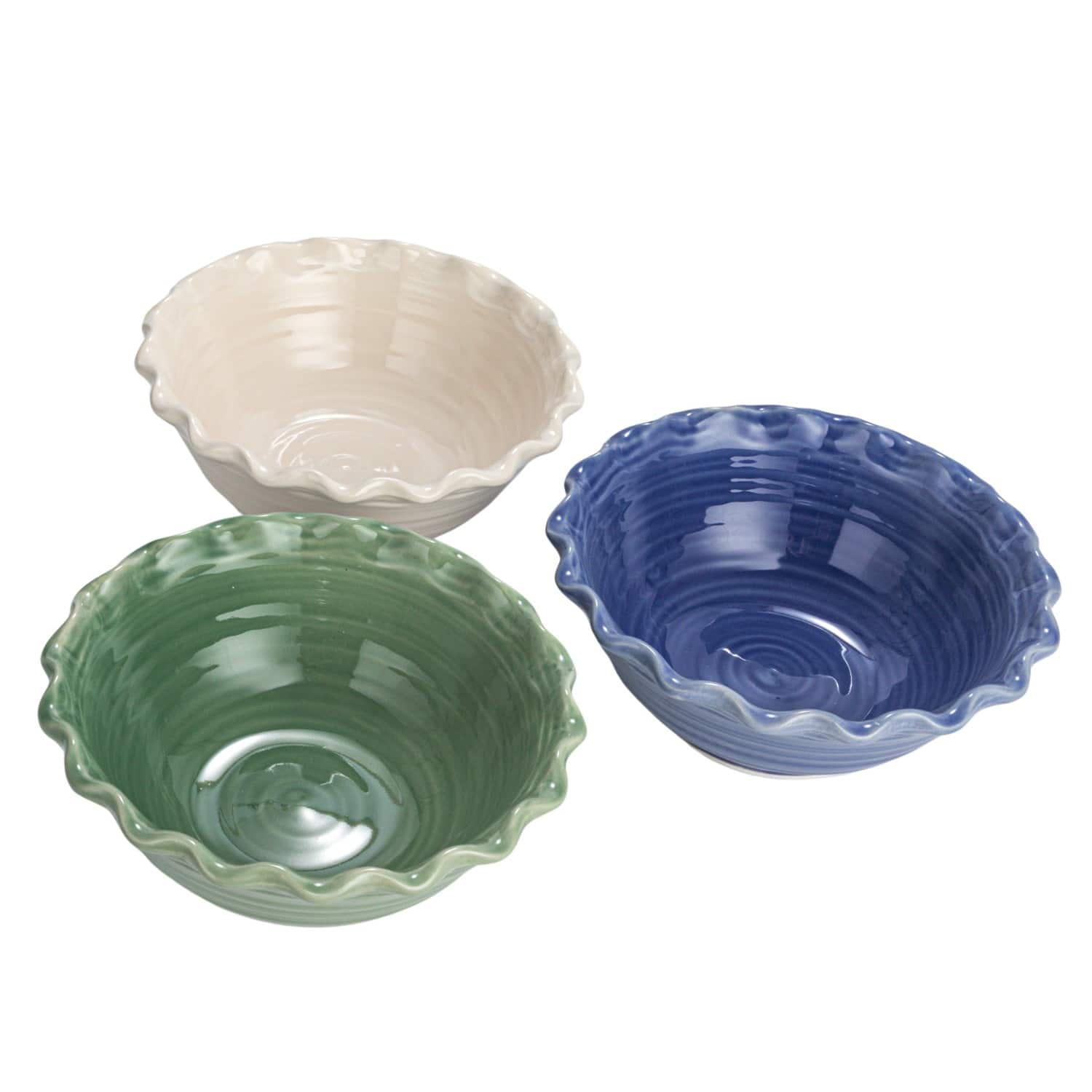 Hello Honey® 10" Blue, Green & Cream Stoneware Bowl with Scalloped Edge Set