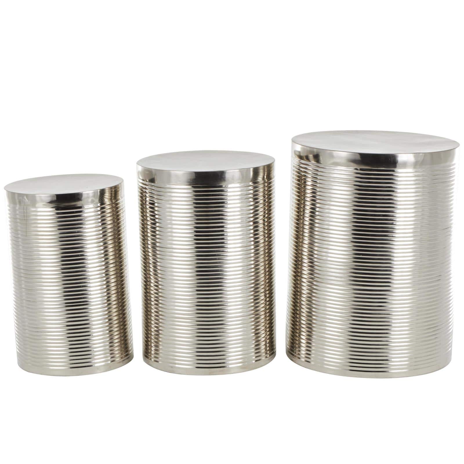 Silver Metal Ribbed Drum Accent Table Set