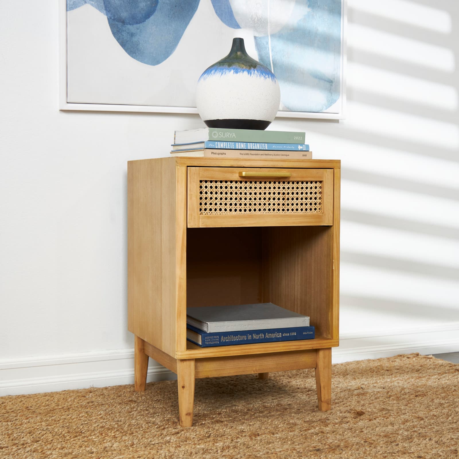 Wood Accent Table with Cane Front Drawer & Gold Handle
