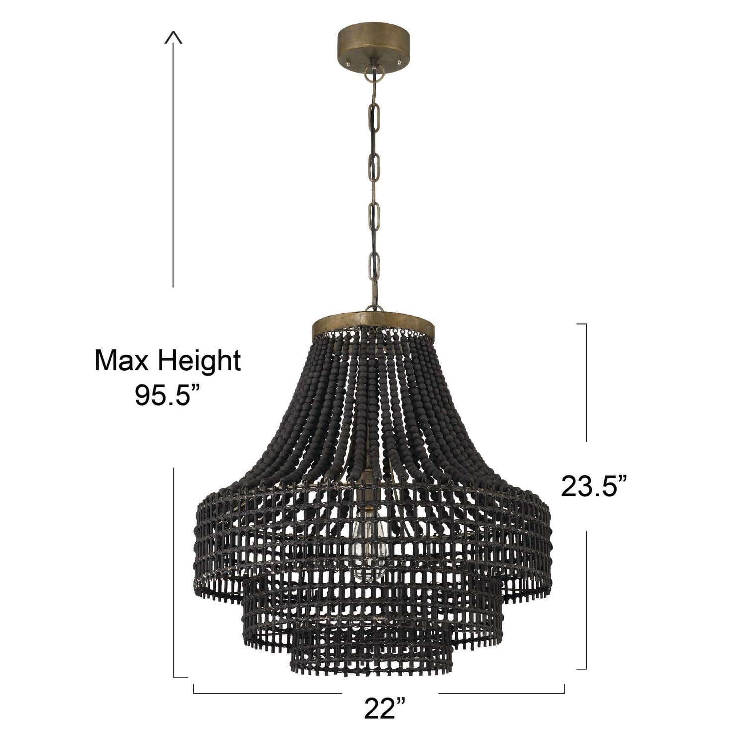 23.4&#x22; Black Metal, Rattan &#x26; Wood Bead Chandelier