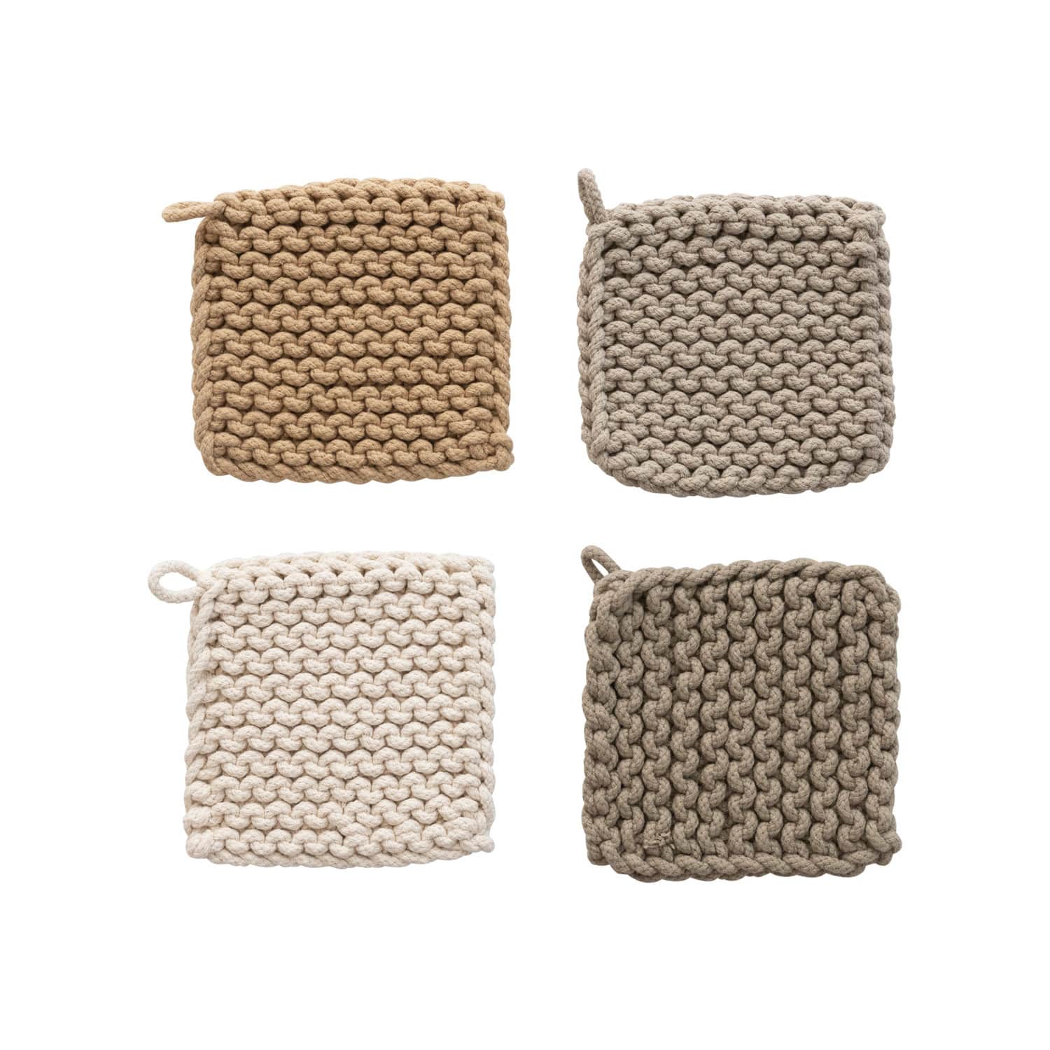 8&#x22; Brown &#x26; Cream Square Cotton Crocheted Pot Holder Set