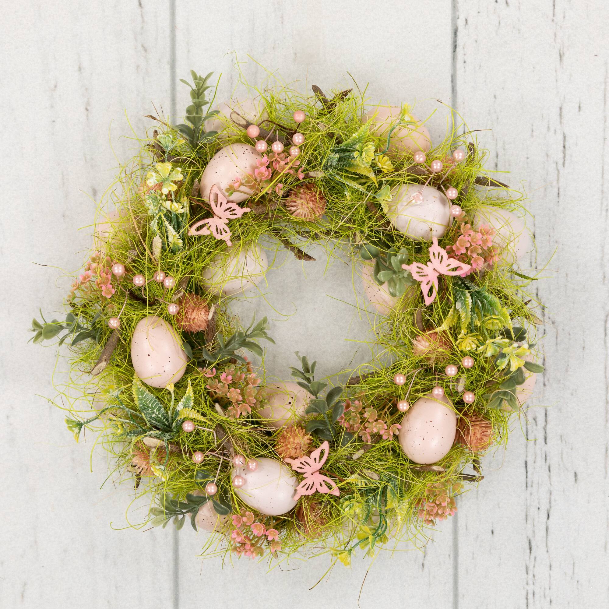 13&#x22; Green &#x26; Pink Easter Eggs with Butterflies Wreath