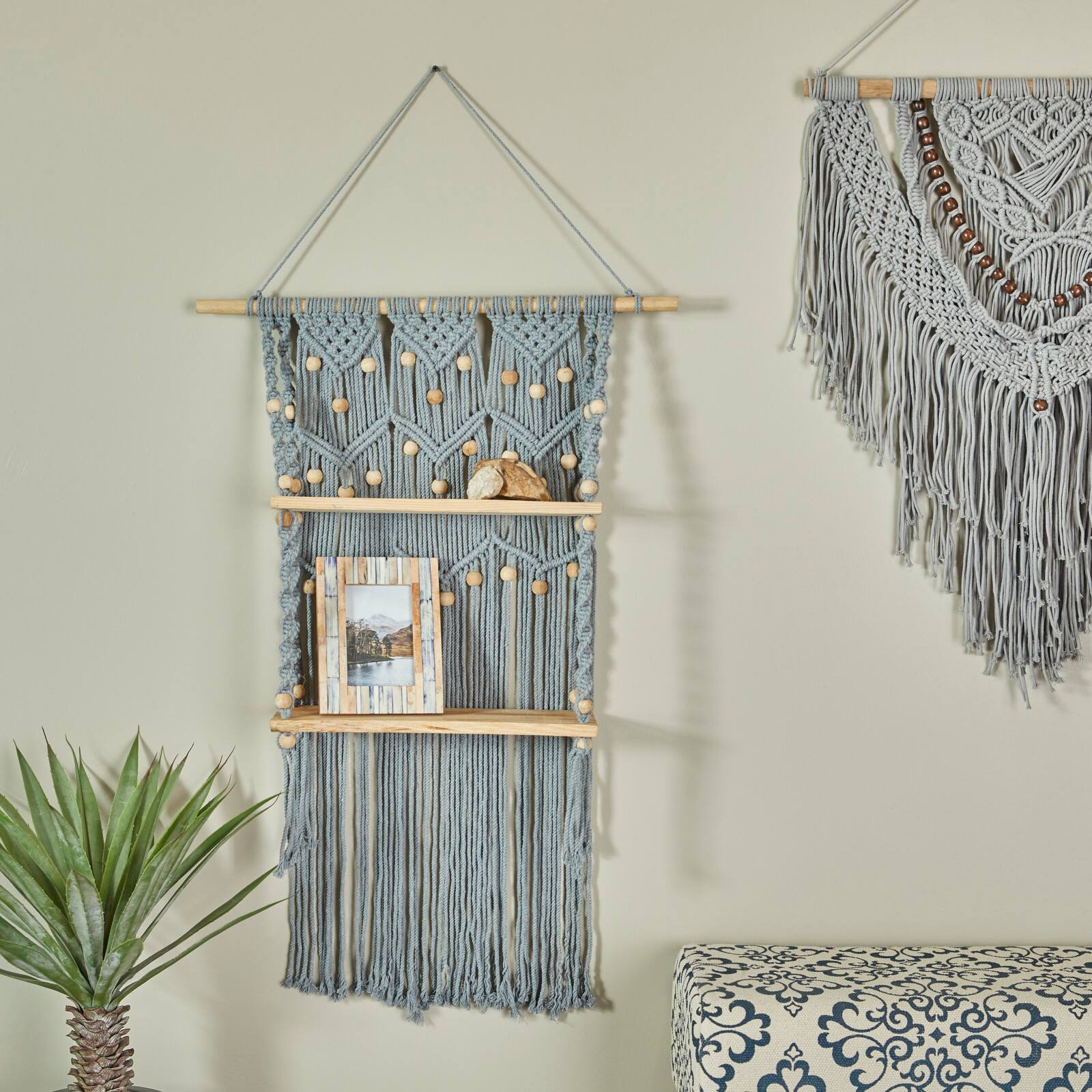 Gray Cotton Handmade 2 Shelves Macrame Wall Shelf 25" x 6" x 47"
