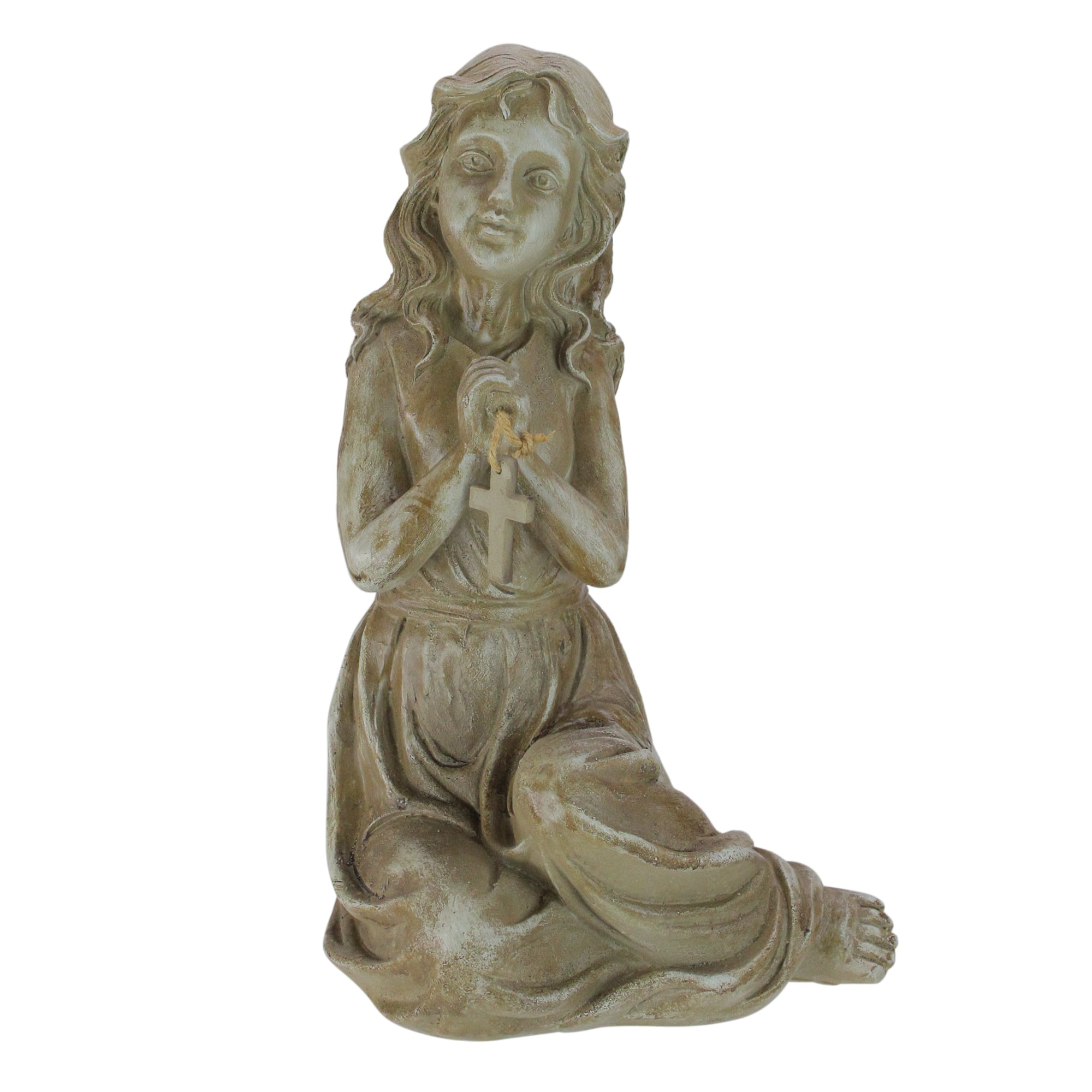 14.5" Weathered Brown Sitting Angel with Cross Outdoor Garden Statue
