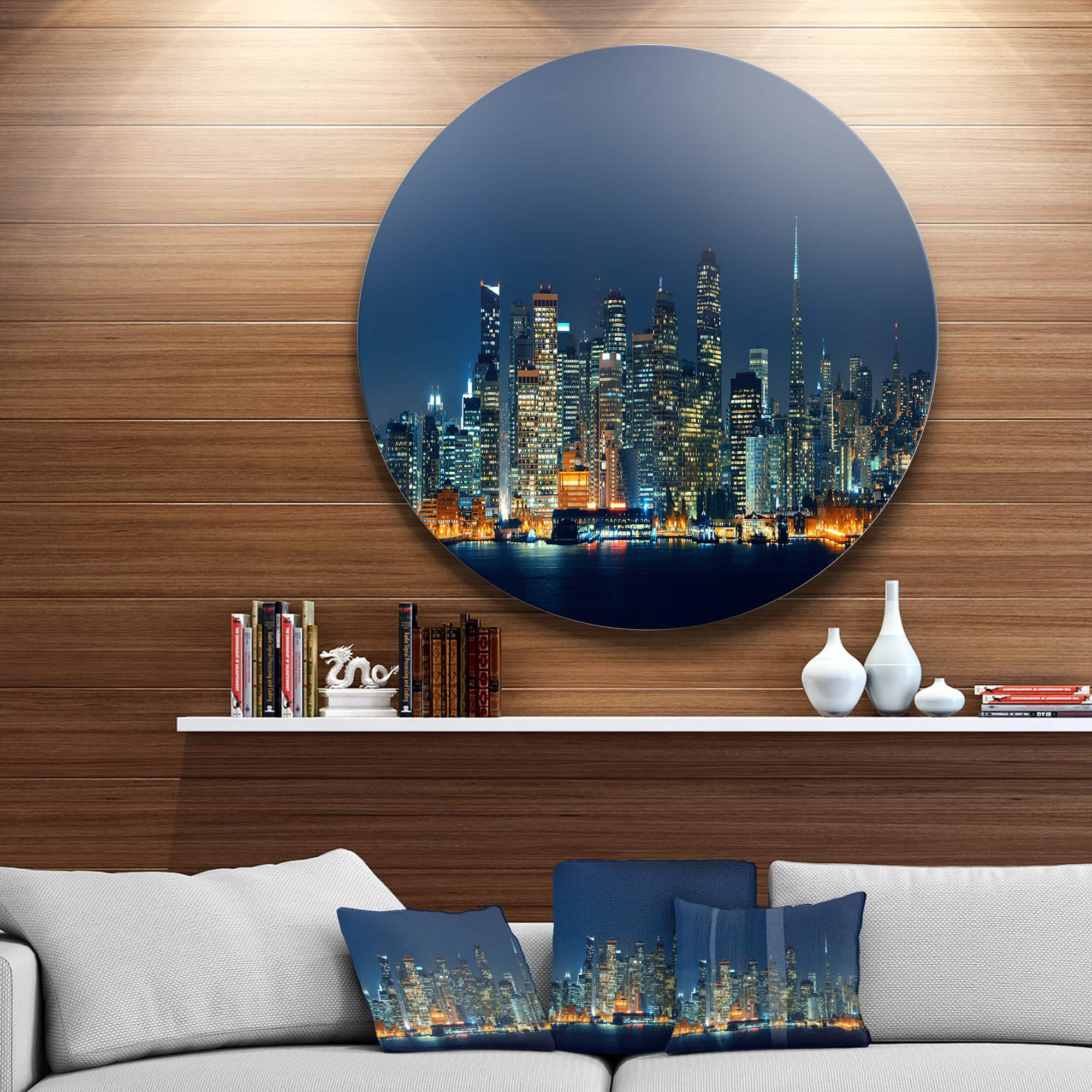 Designart - San Francisco Skyline at Night' Ultra Glossy Cityscape Metal Circle Wall Art
