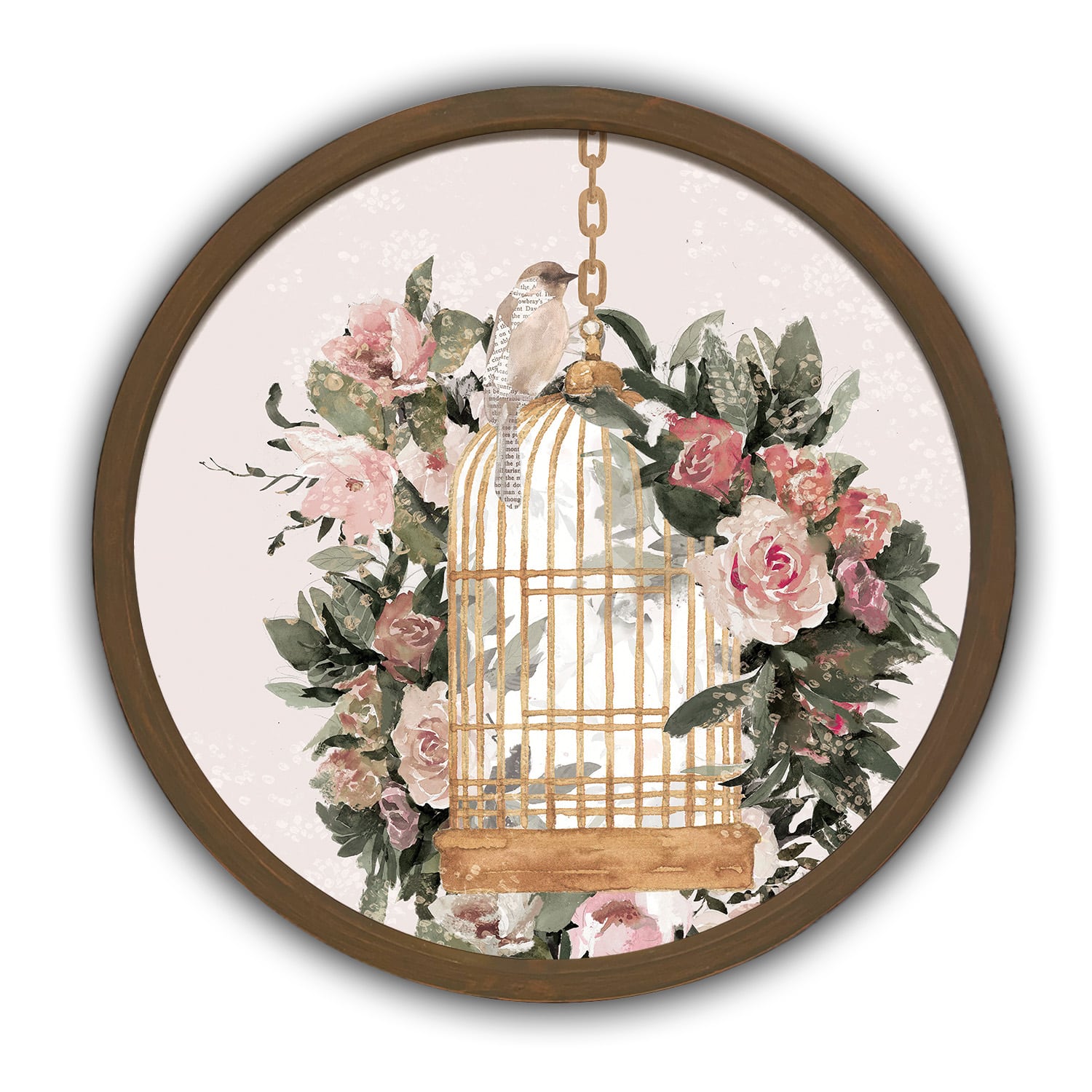 Vintage Floral Bird Cage Round Brown Framed Print
