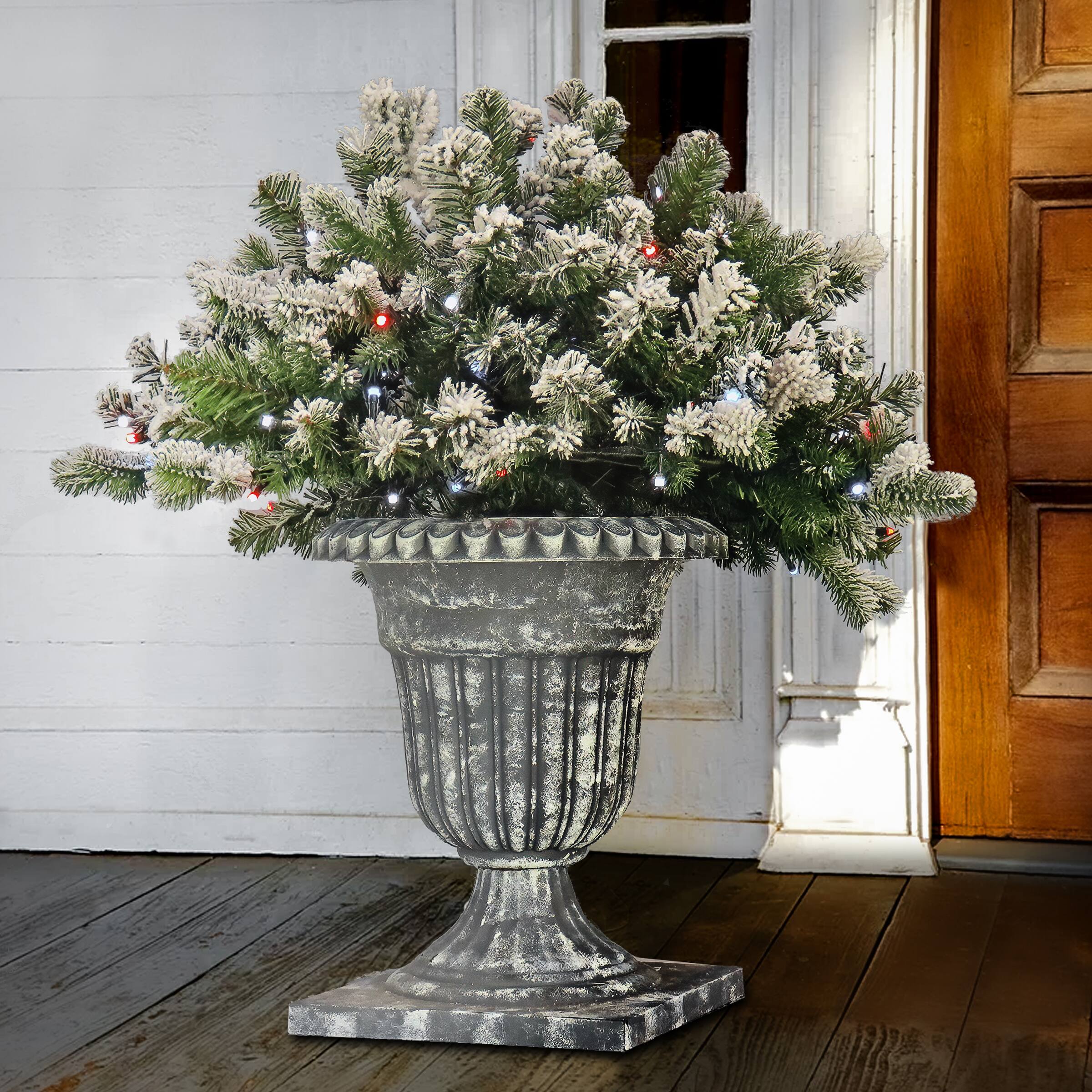 24&#x22; Feel Real&#xAE; Snowy Sheffield Spruce Porch Bush in Silver Brushed Plastic Urn