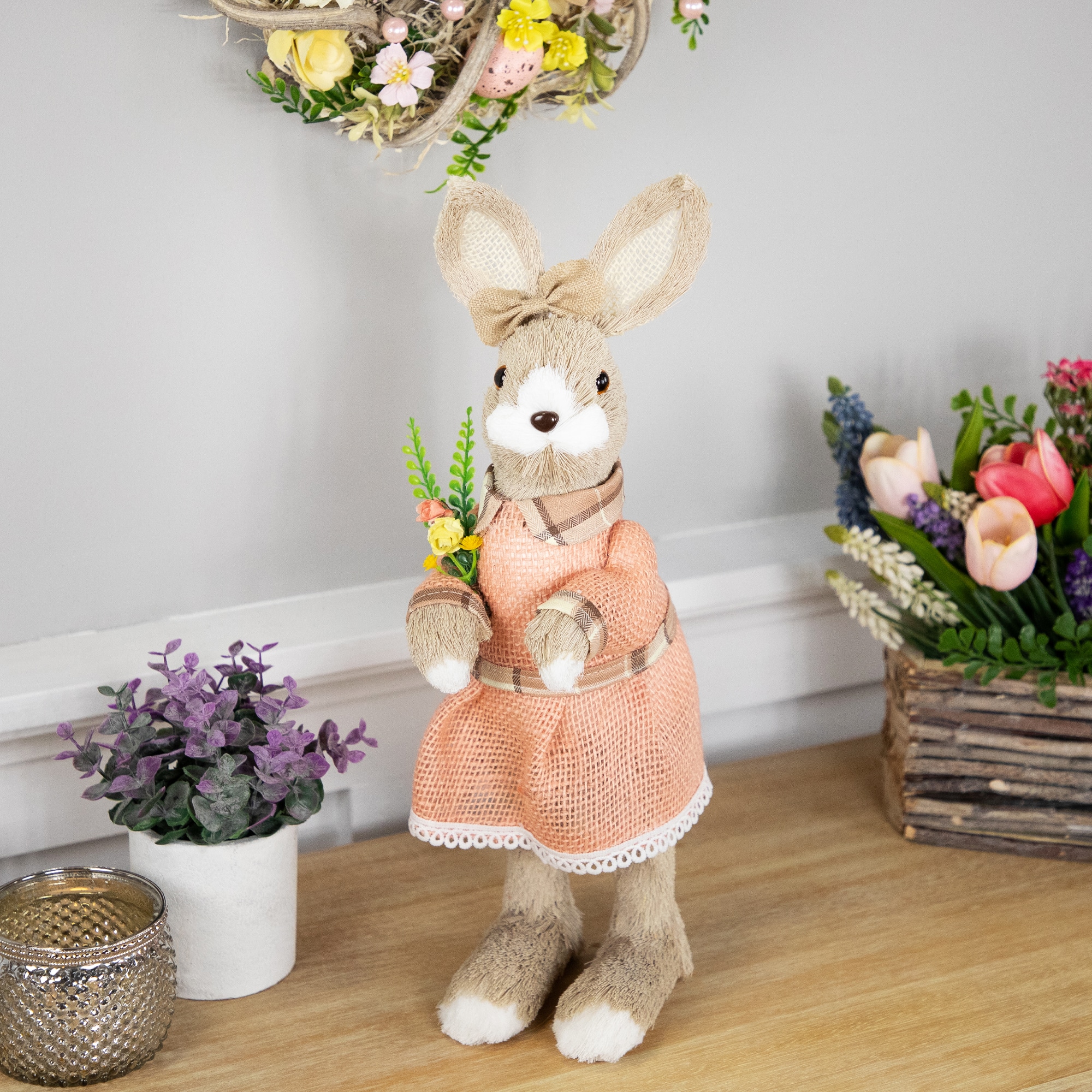 15.25" Beige Rustic Girl Rabbit Easter Figure with Flowers