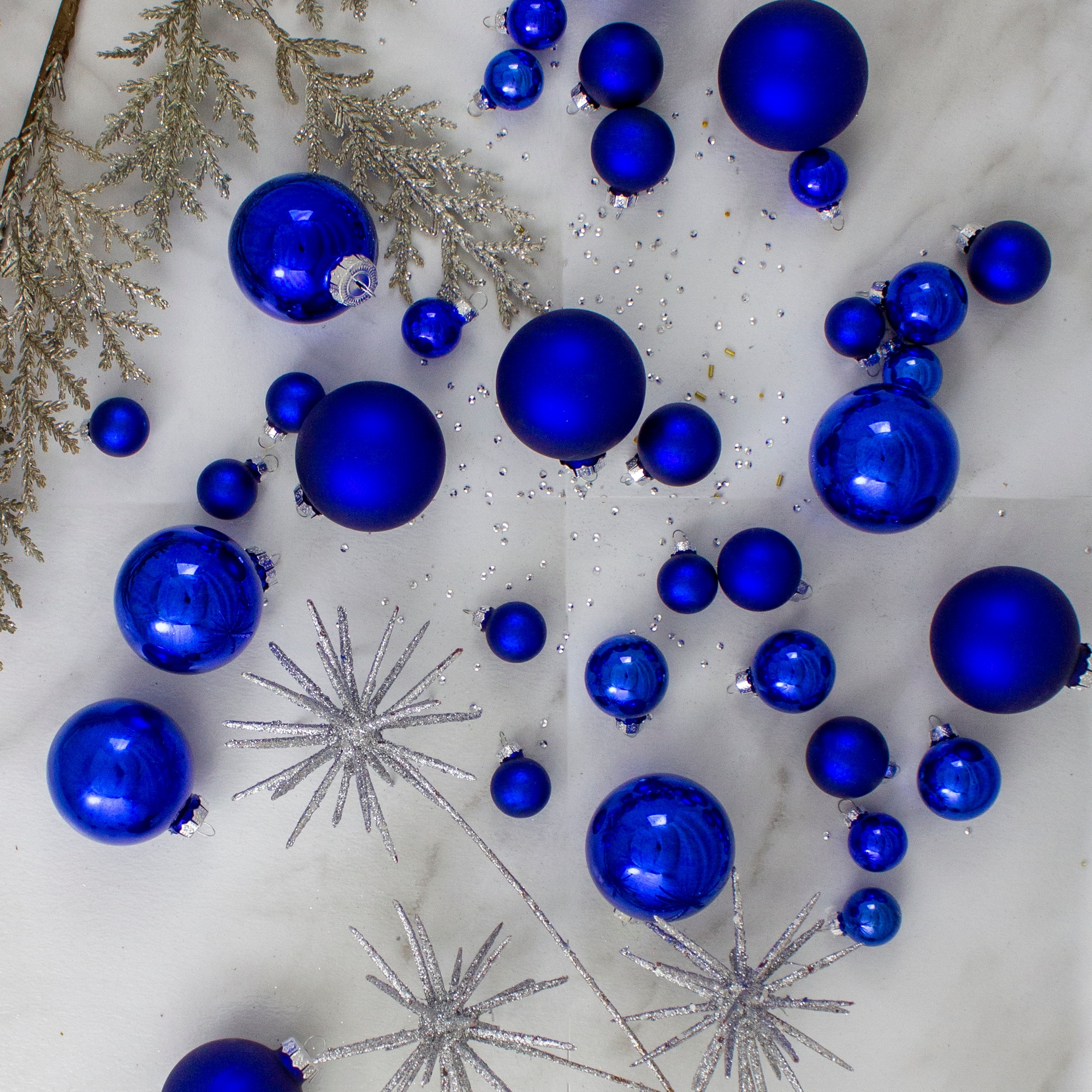 40ct. 2.5&#x22; Shiny &#x26; Matte Royal Blue &#x26; Silver Glass Ball Christmas Ornaments
