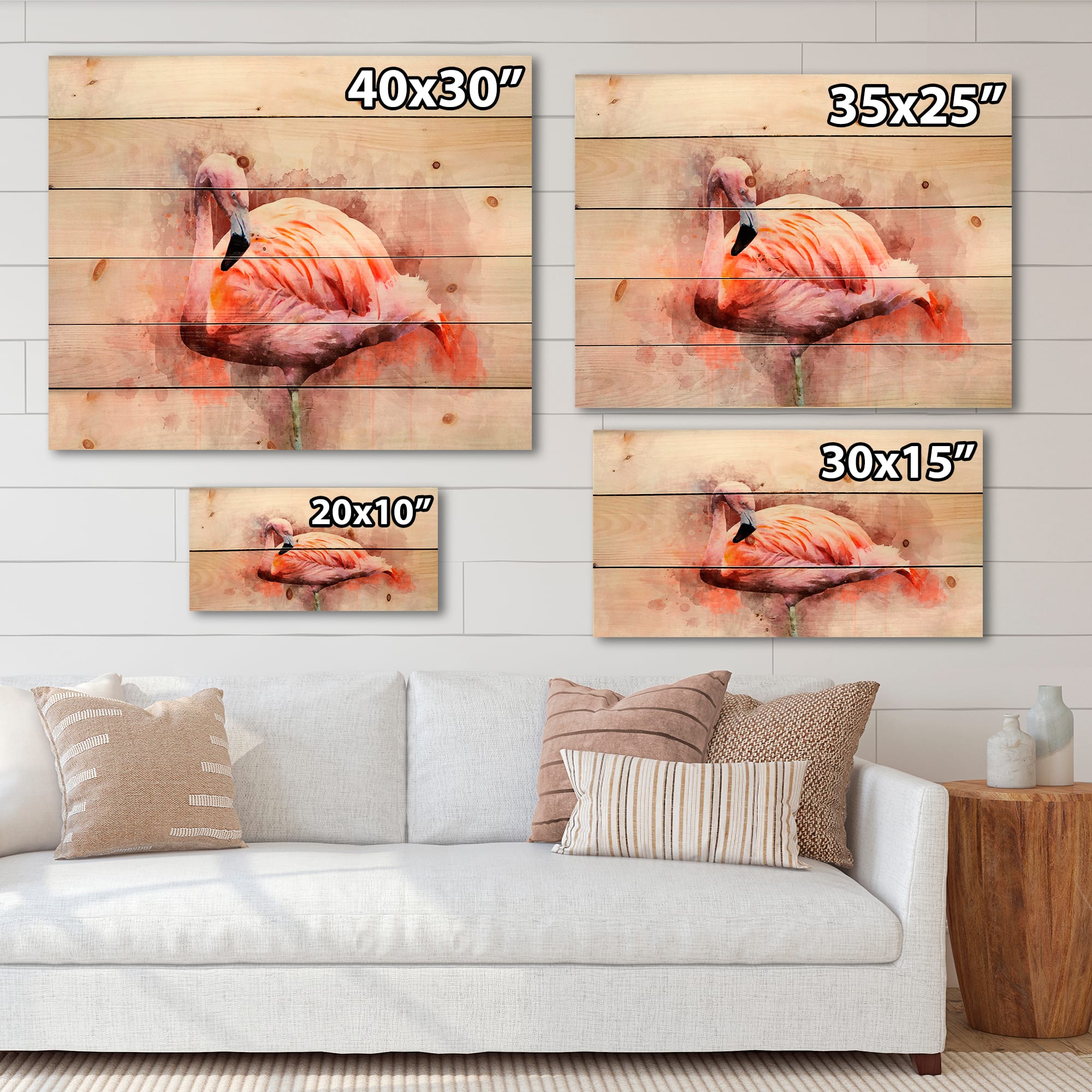 Designart - Portrait of Pink Flamingo III - Farmhouse Print on Natural Pine Wood