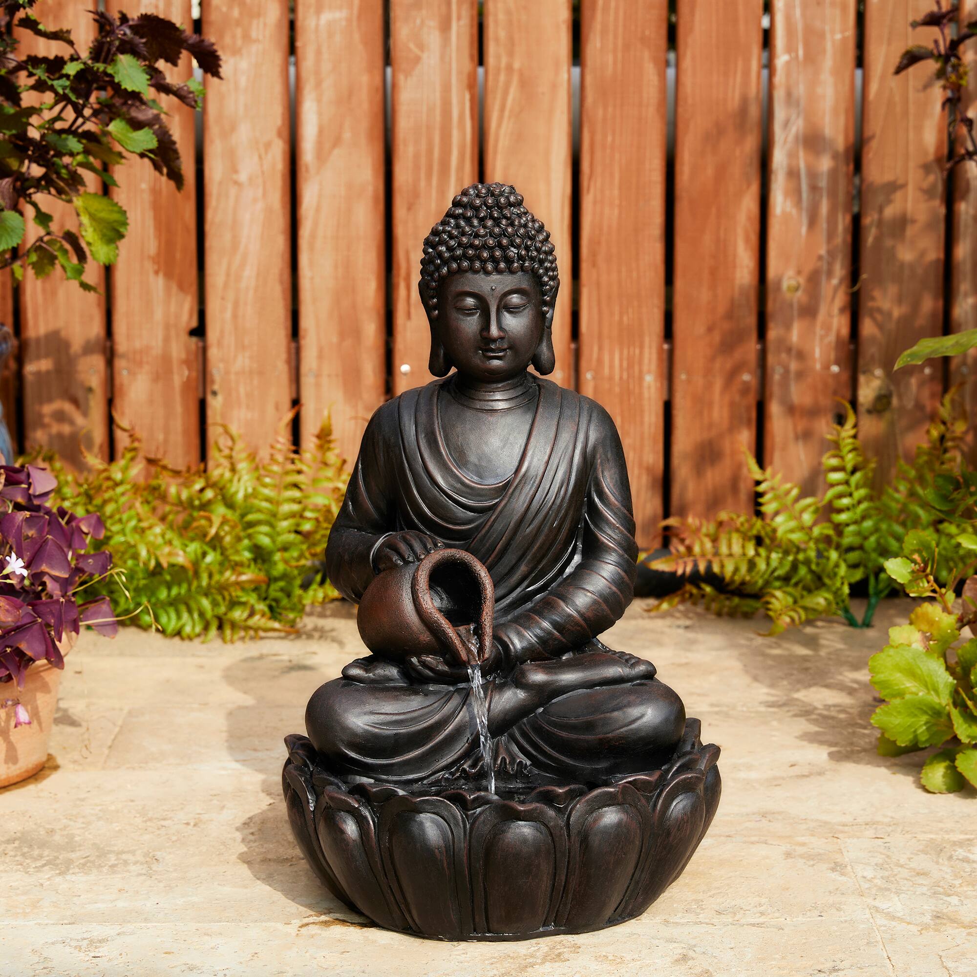 Glitzhome&#xAE; 20.5&#x22; Zen-Style LED 2-Tier Buddha Statue Outdoor Fountain