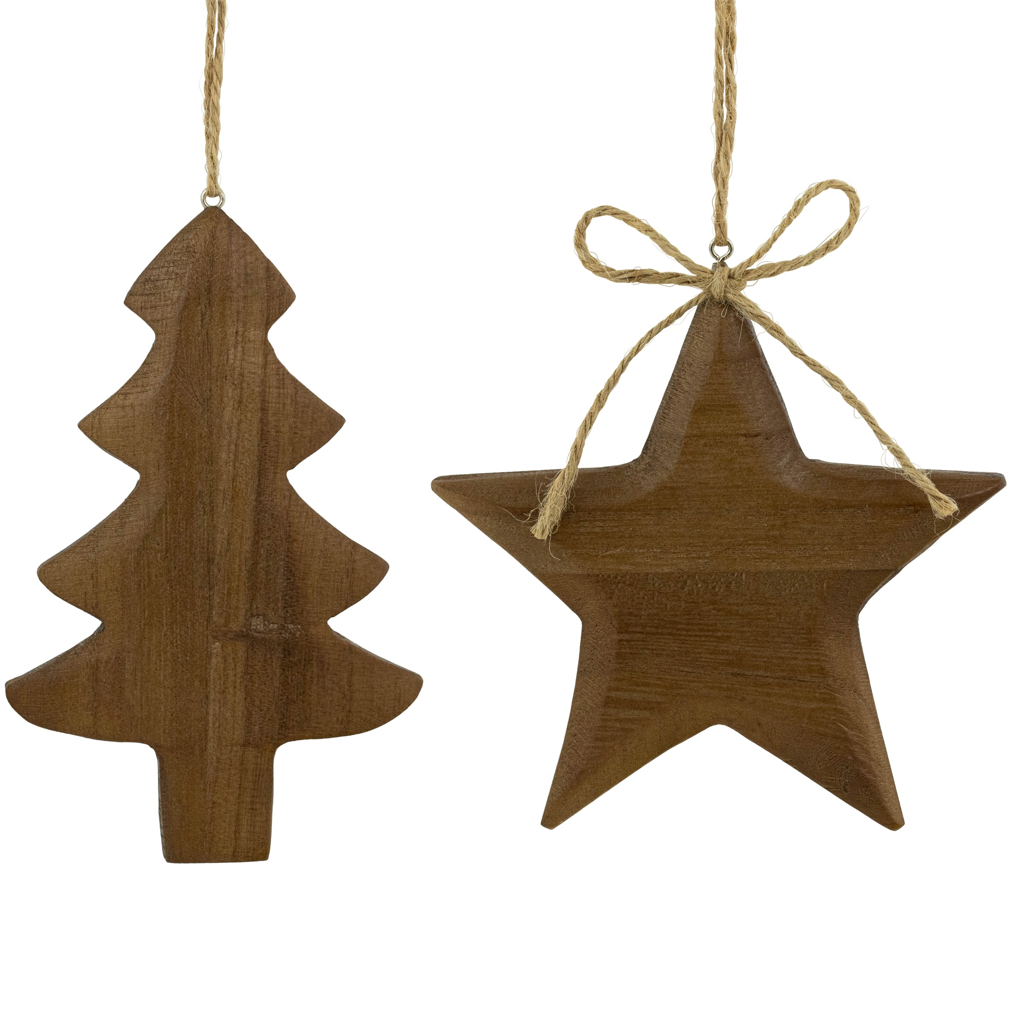 Tree and Star Wooden Christmas Ornaments - 5&#x22; - Brown - Set of 2