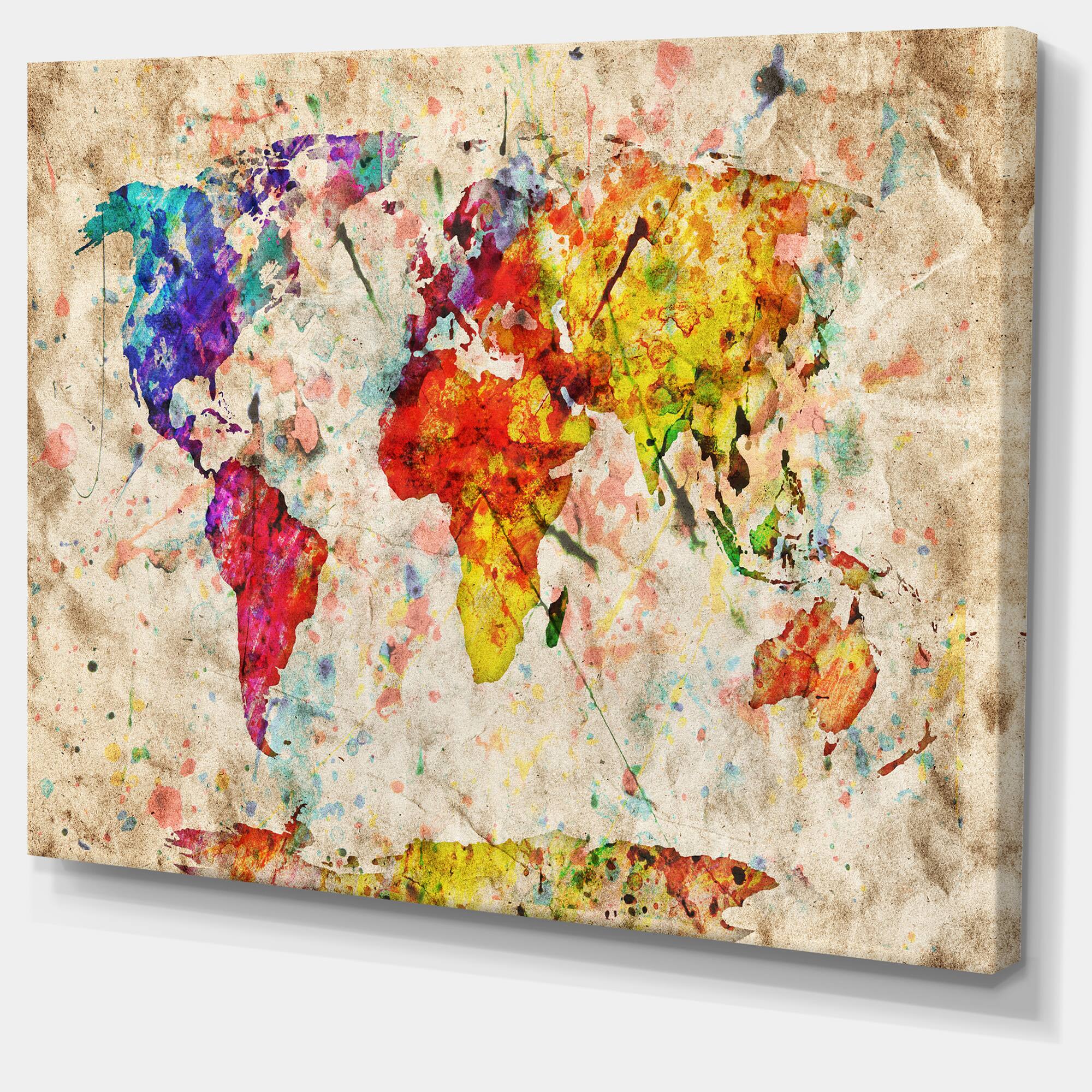 Designart - Vintage World Map Watercolor - Large Map Canvas Art Print