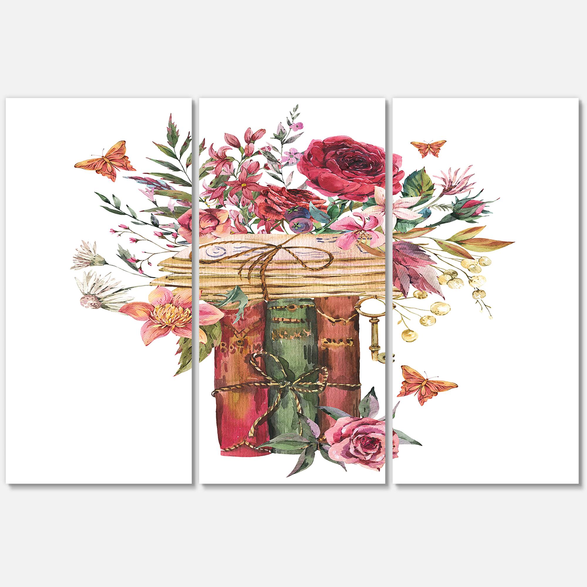 Designart - Vintage Old Books With Wildflowers - Farmhouse Canvas Wall Art Print