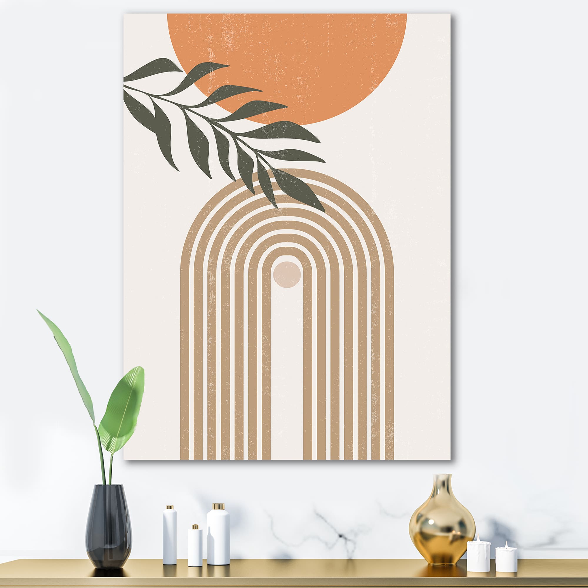 Designart - Abstract Sun Moon Leaves I - Modern Canvas Wall Art Print