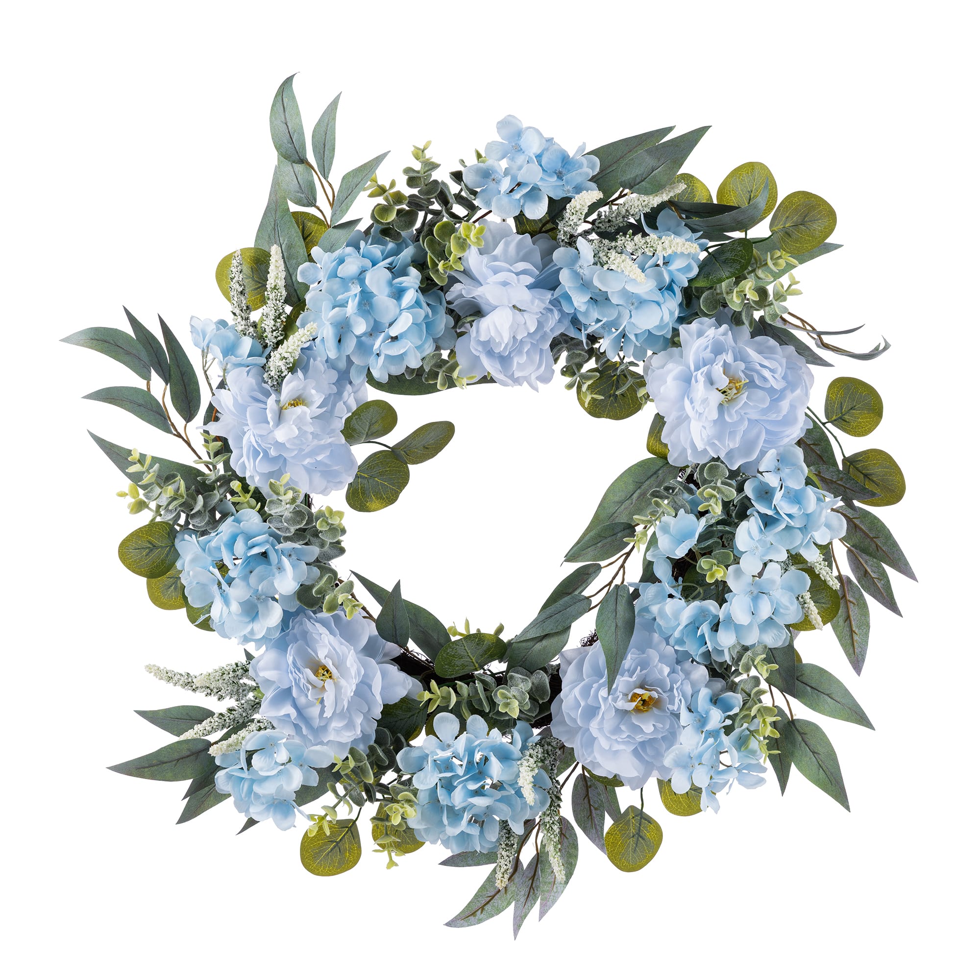 Glitzhome® 24" Blue Peony & Hydrangea Floral Wreath with Black Metal Hanger
