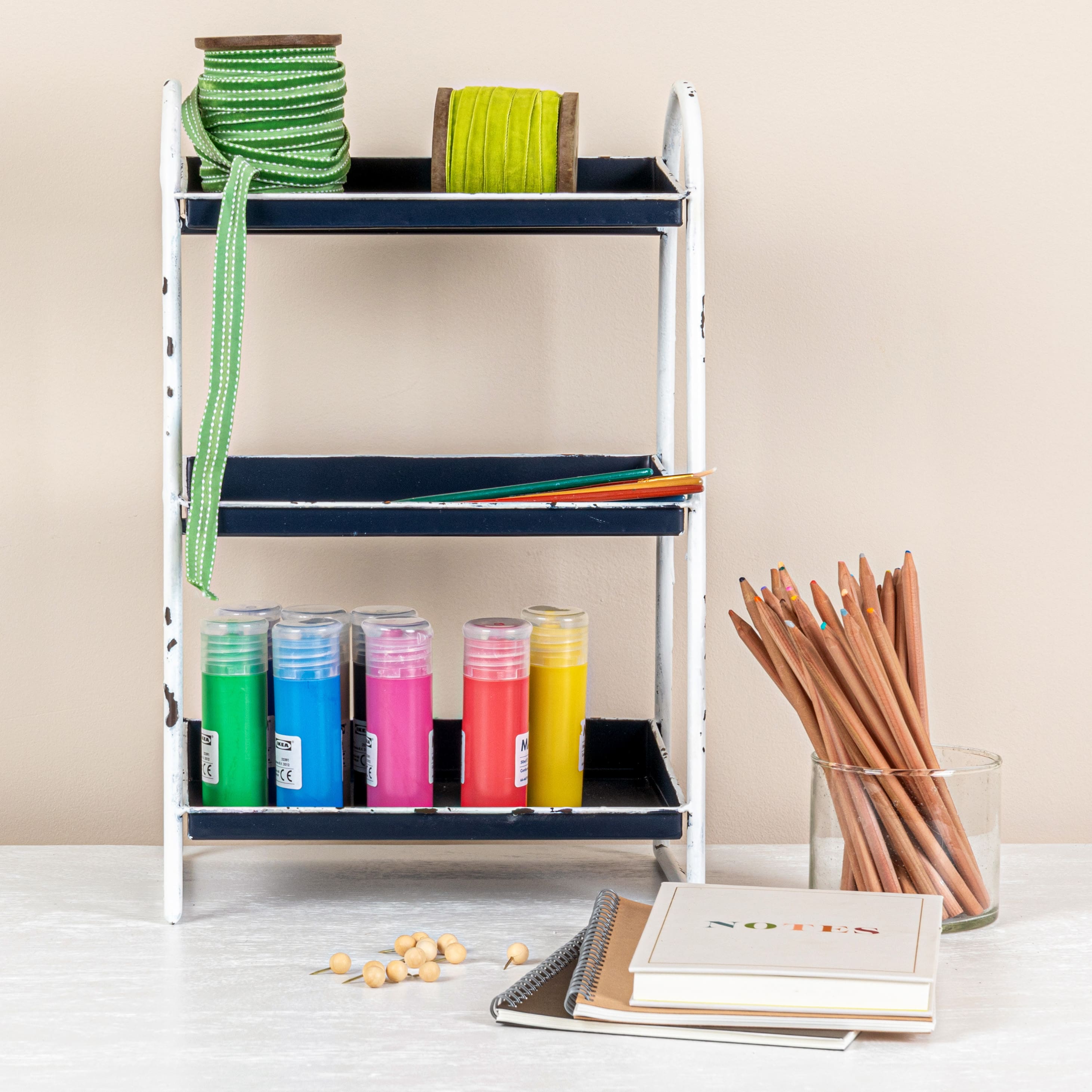 Hello Honey&#xAE; 15.5&#x22; Heavily Distressed 3-Tier Metal Tray with White Frame &#x26; Rim