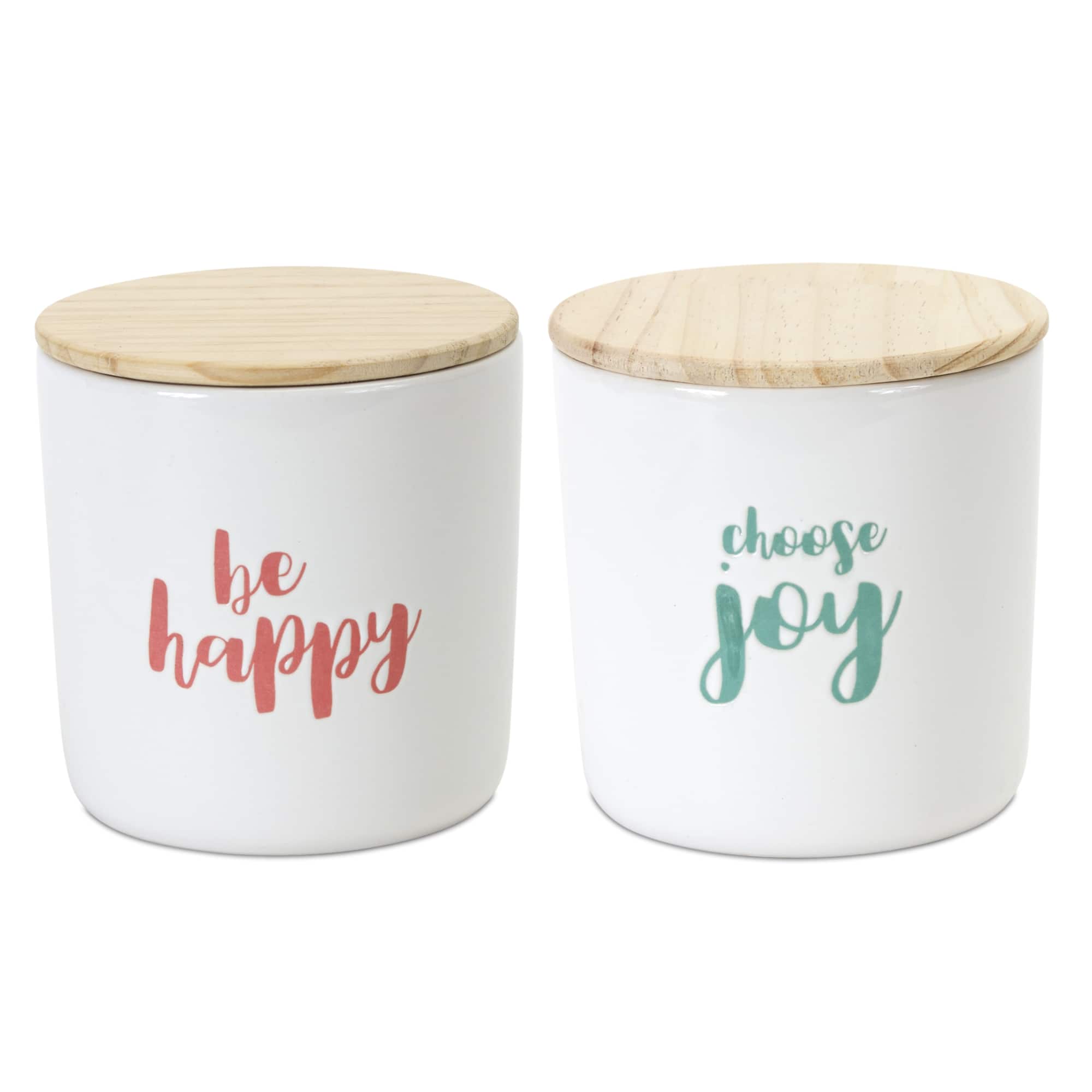 Happy Sentiment Stoneware Canisters with Wood Lids Set