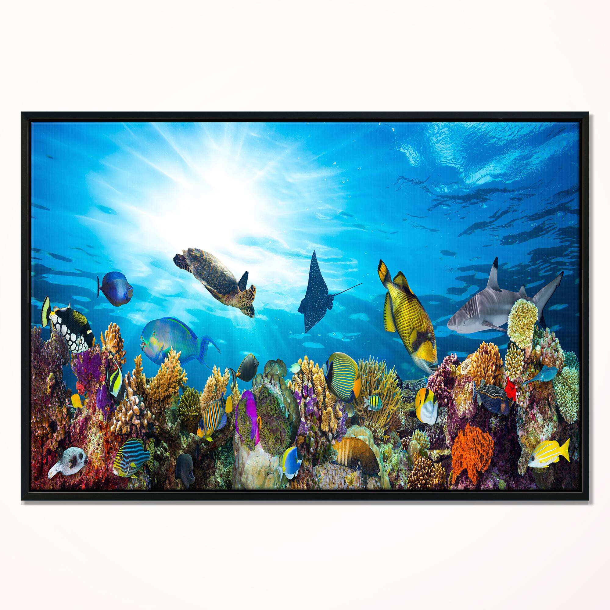 Designart - Colorful Coral Reef with Fishes - Seascape Framed Canvas Art Print