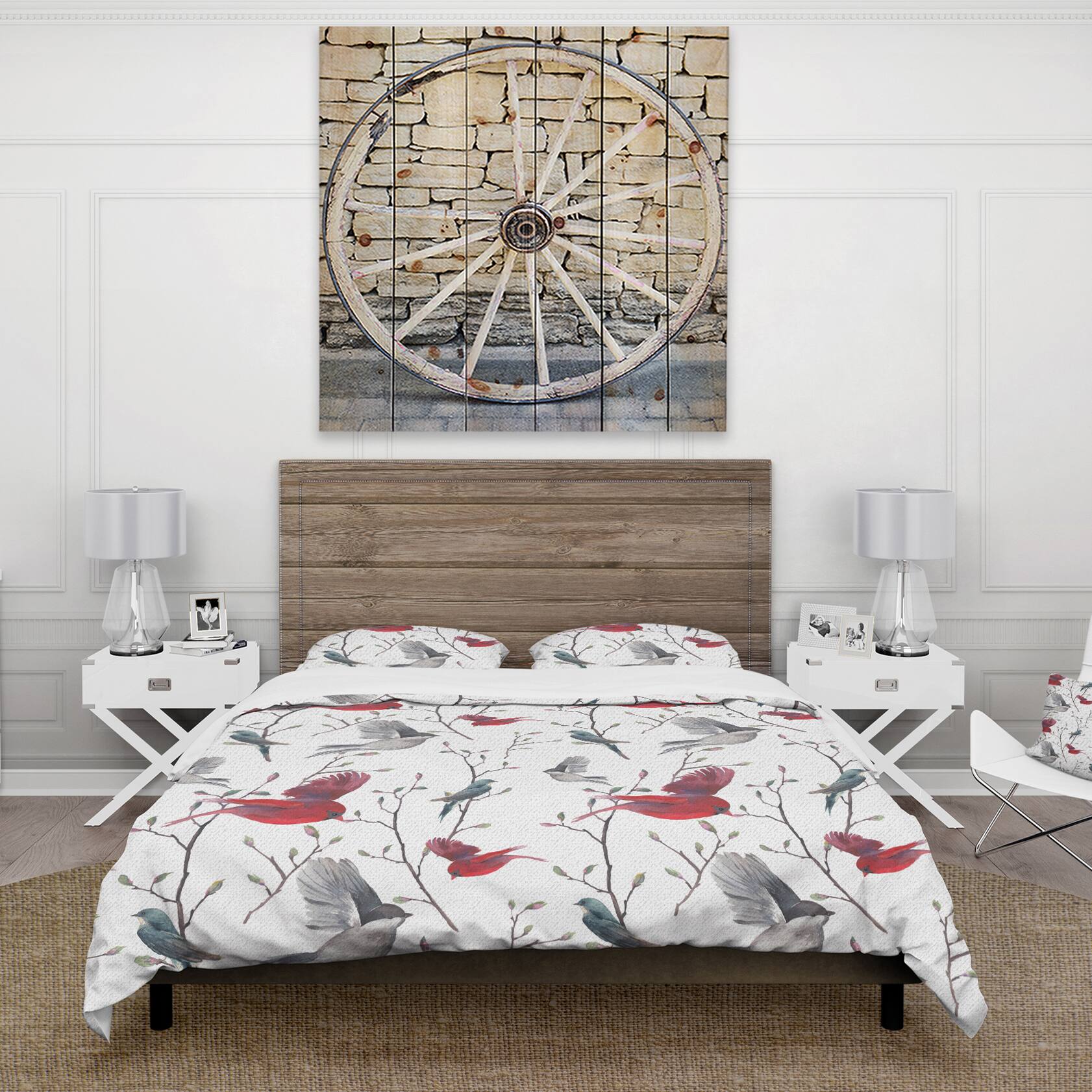 Designart &#x27;Pattern with Birds&#x27; Farmhouse Bedding Set - Duvet Cover &#x26; Shams