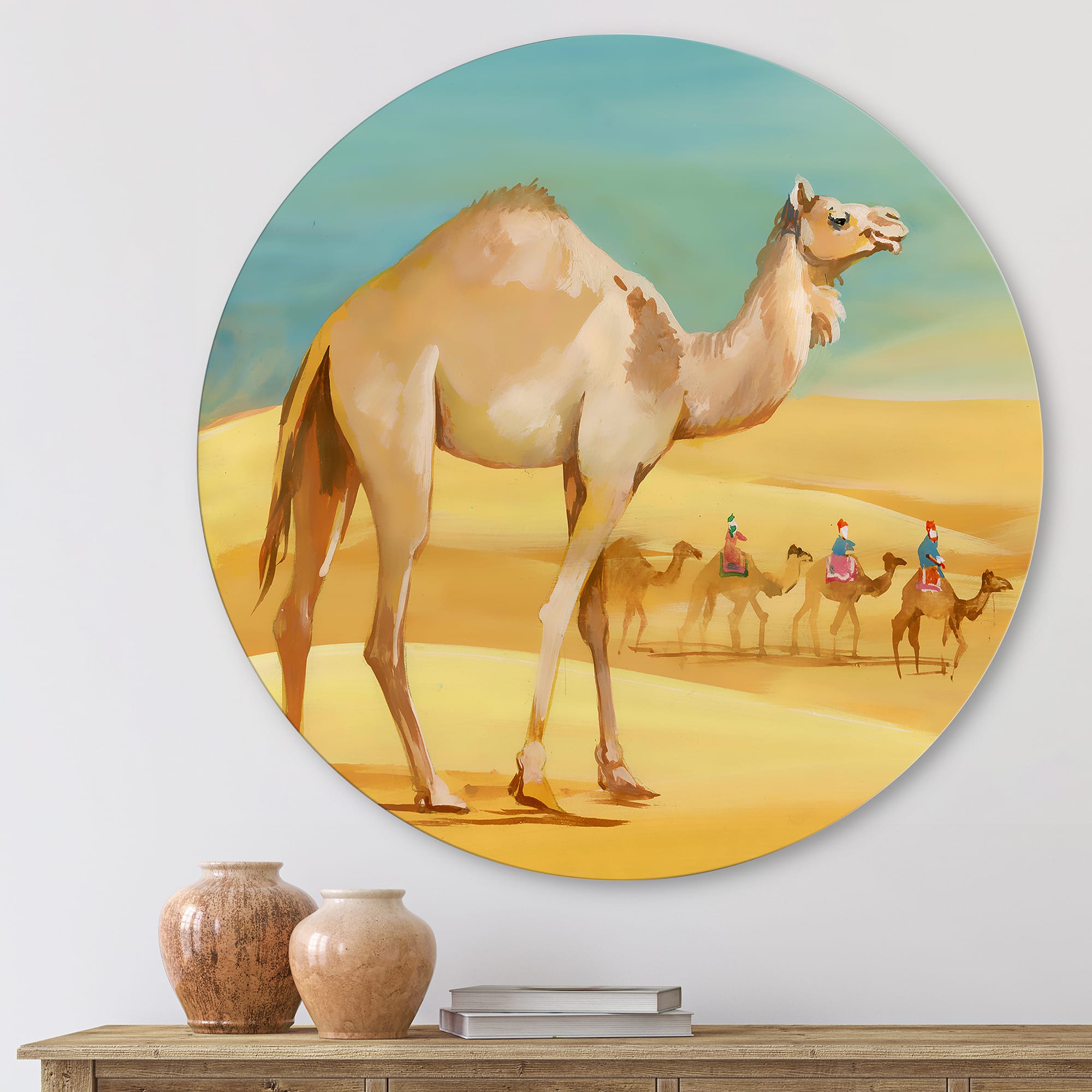Designart - Camels In Desert - Farmhouse Metal Circle Wall Art